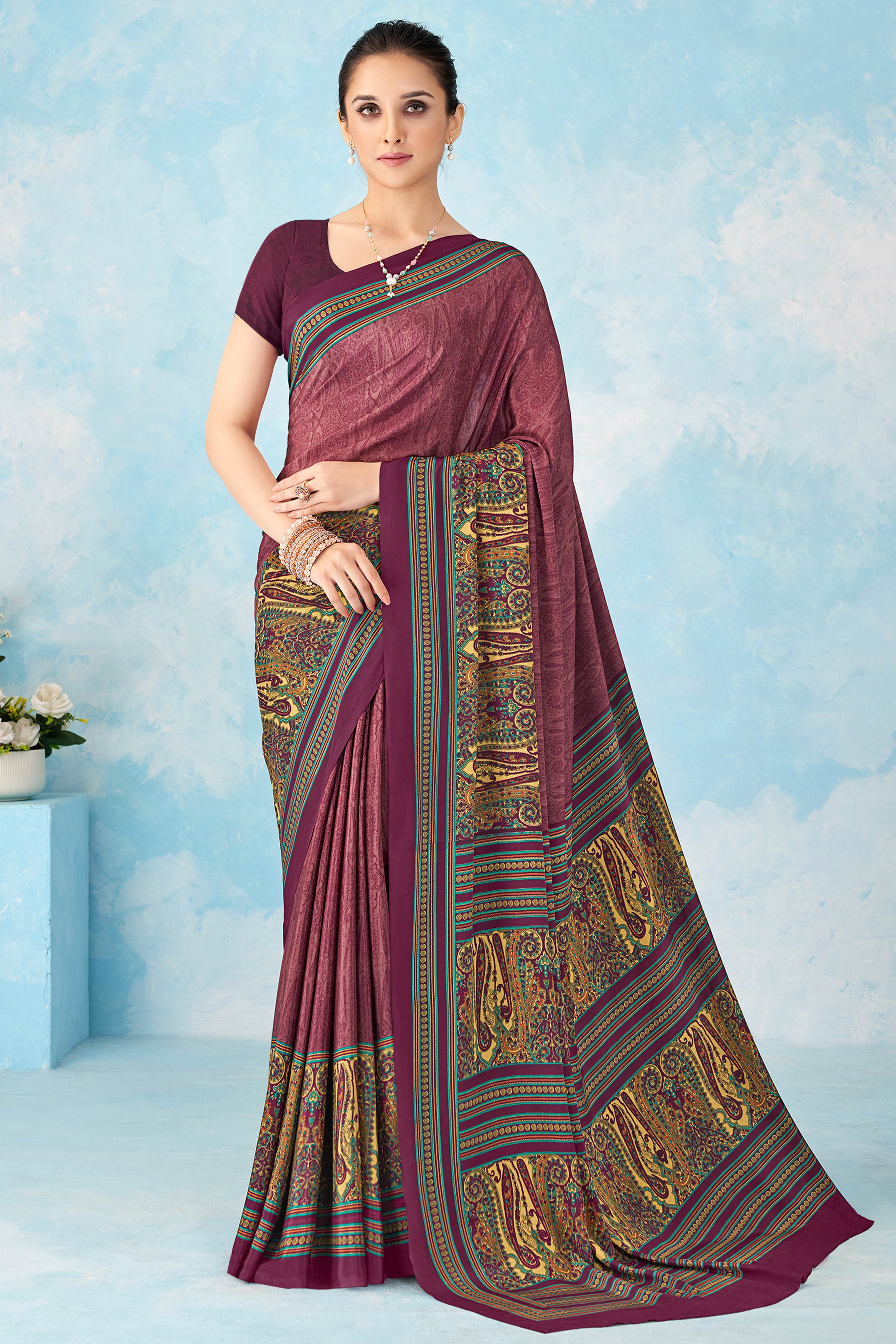 Lightweight Mauve Paisley Printed Saree in Luxurious Silk Crepe