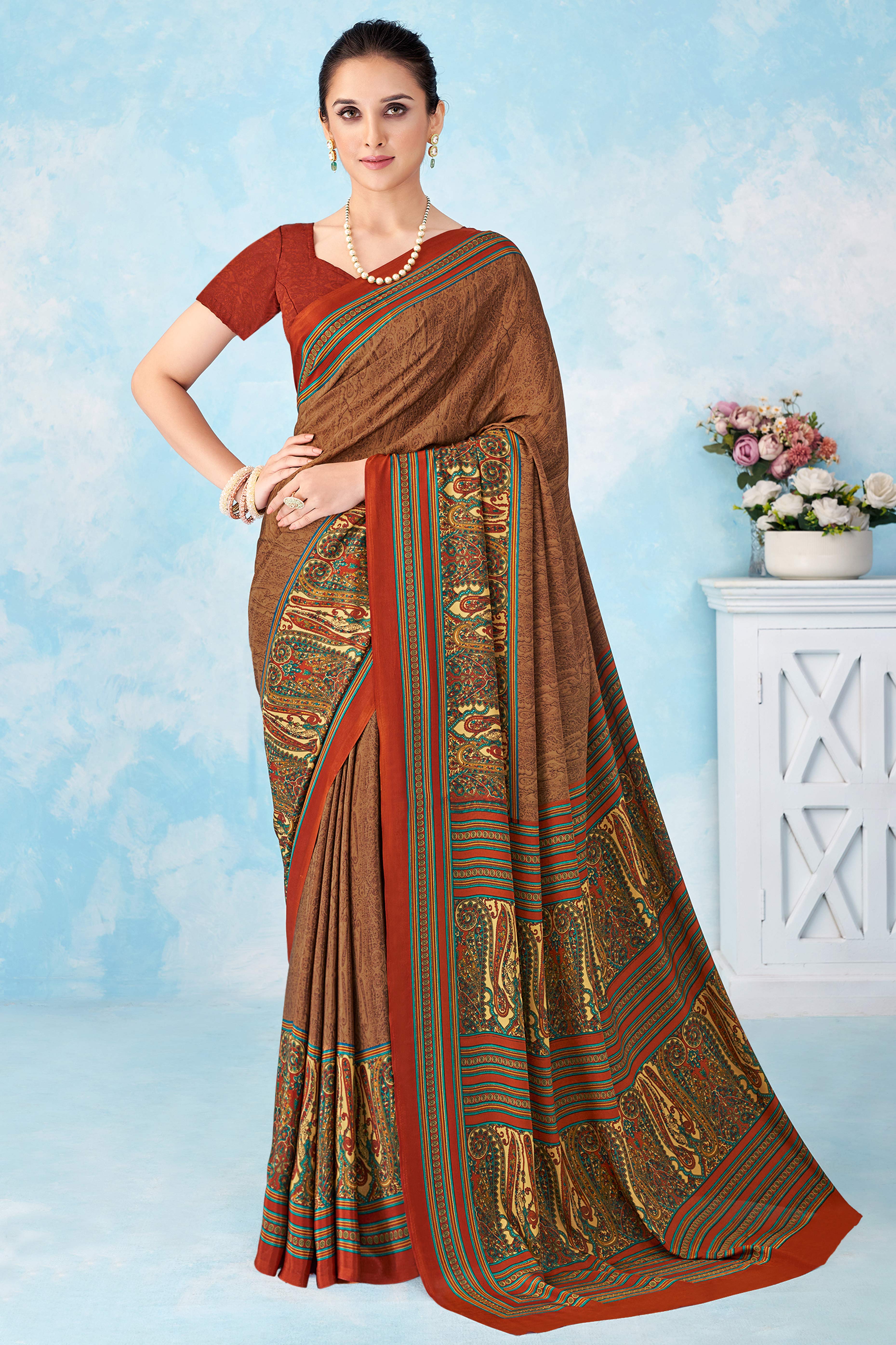 Lightweight Brown Paisley Printed Saree in Luxurious Silk Crepe