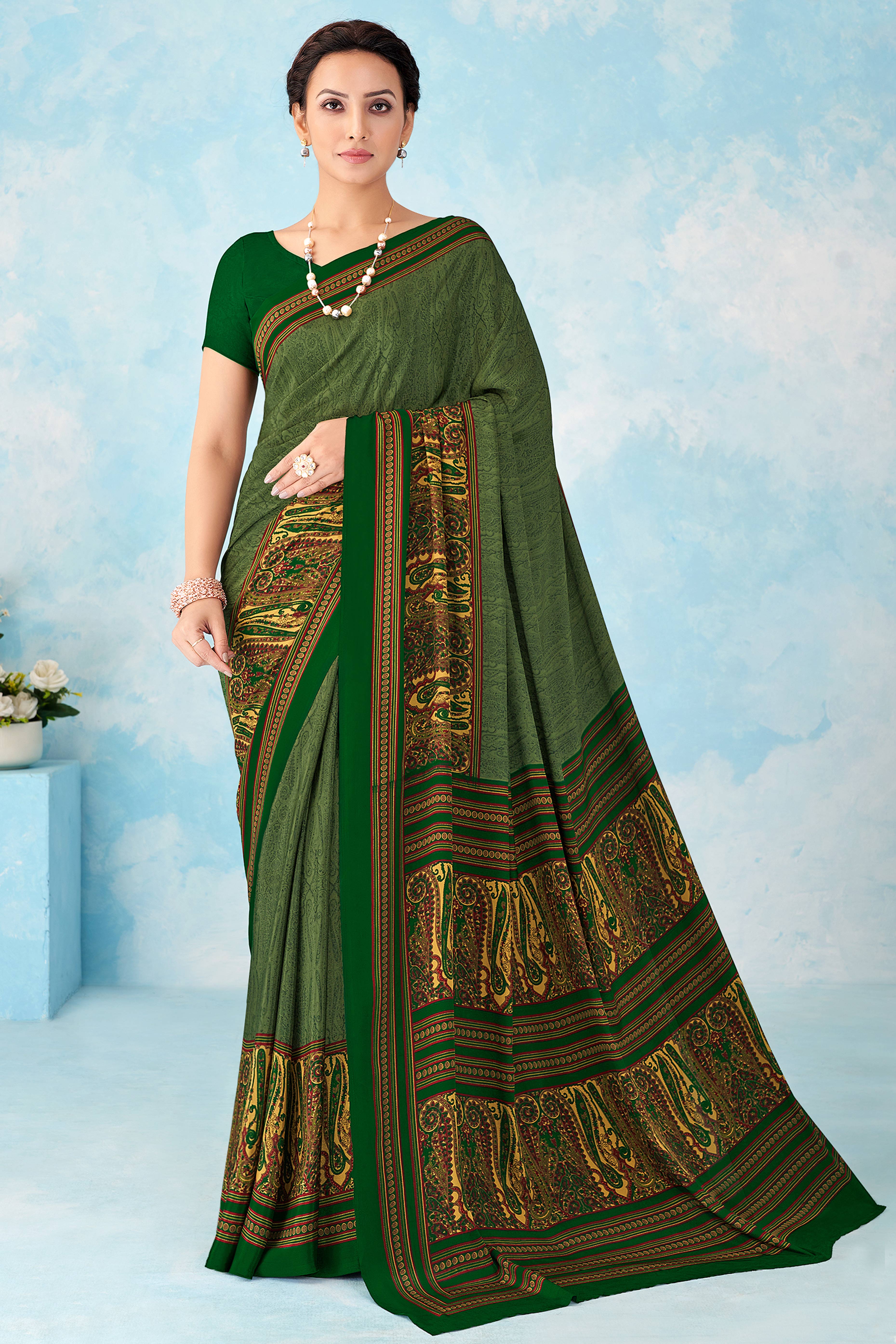 Lightweight Green Paisley Printed Saree in Luxurious Silk Crepe