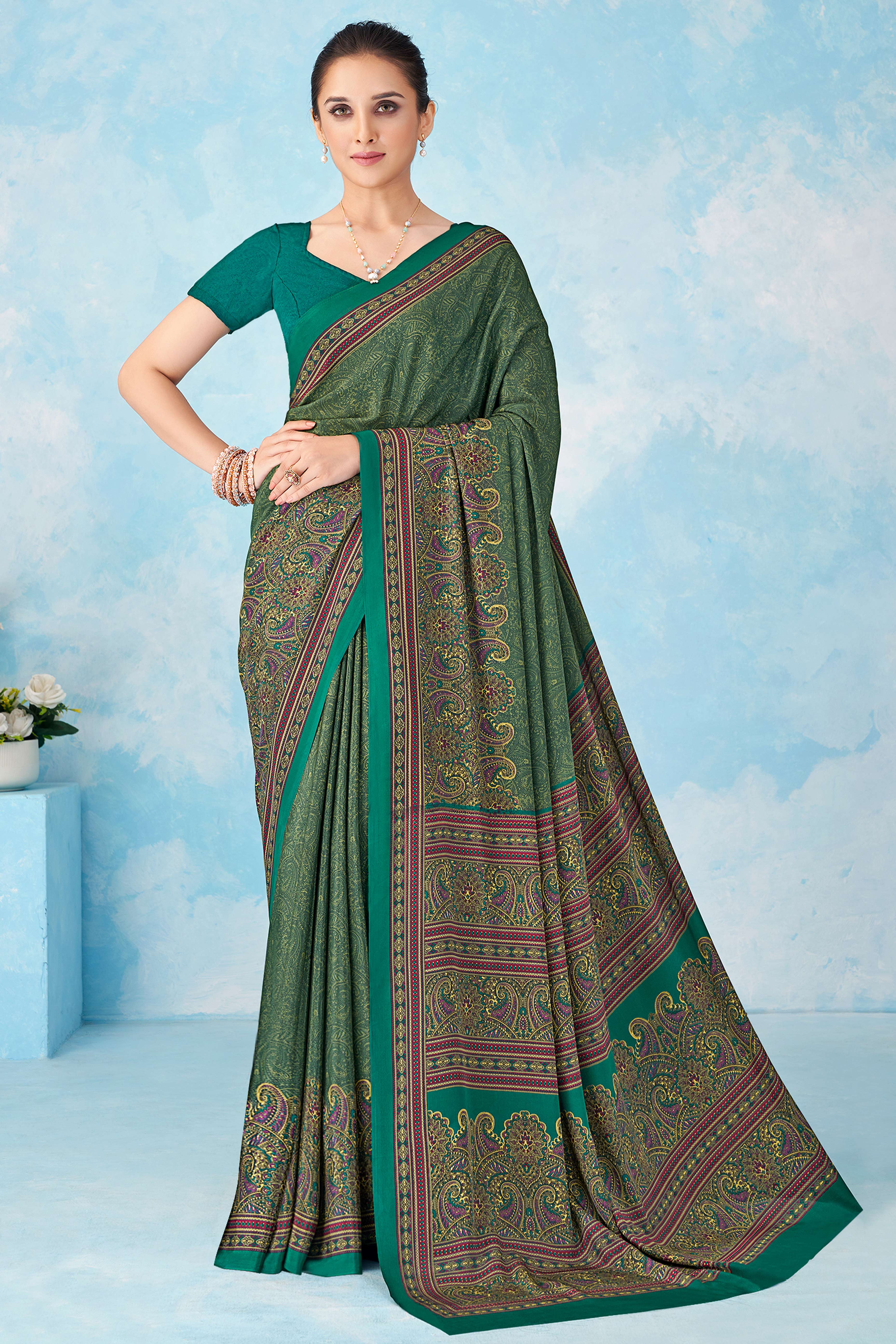 Lightweight Teal Green Paisley Printed Saree in Luxurious Silk Crepe
