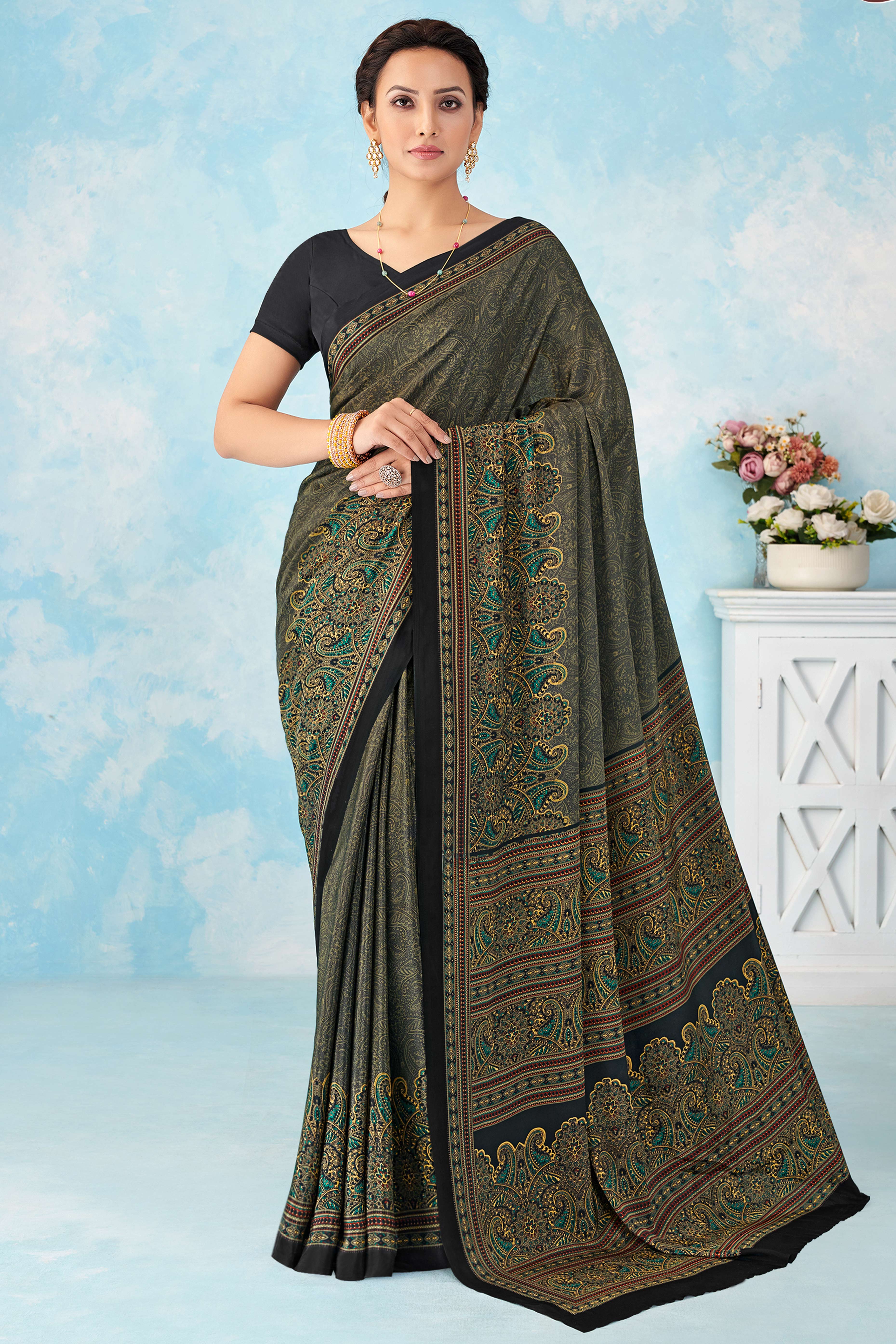 Lightweight Grey Paisley Printed Saree in Silk Crepe