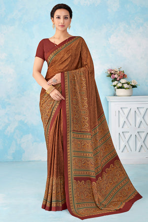 Lightweight Peach Paisley Printed Saree in Luxurious Silk Crepe