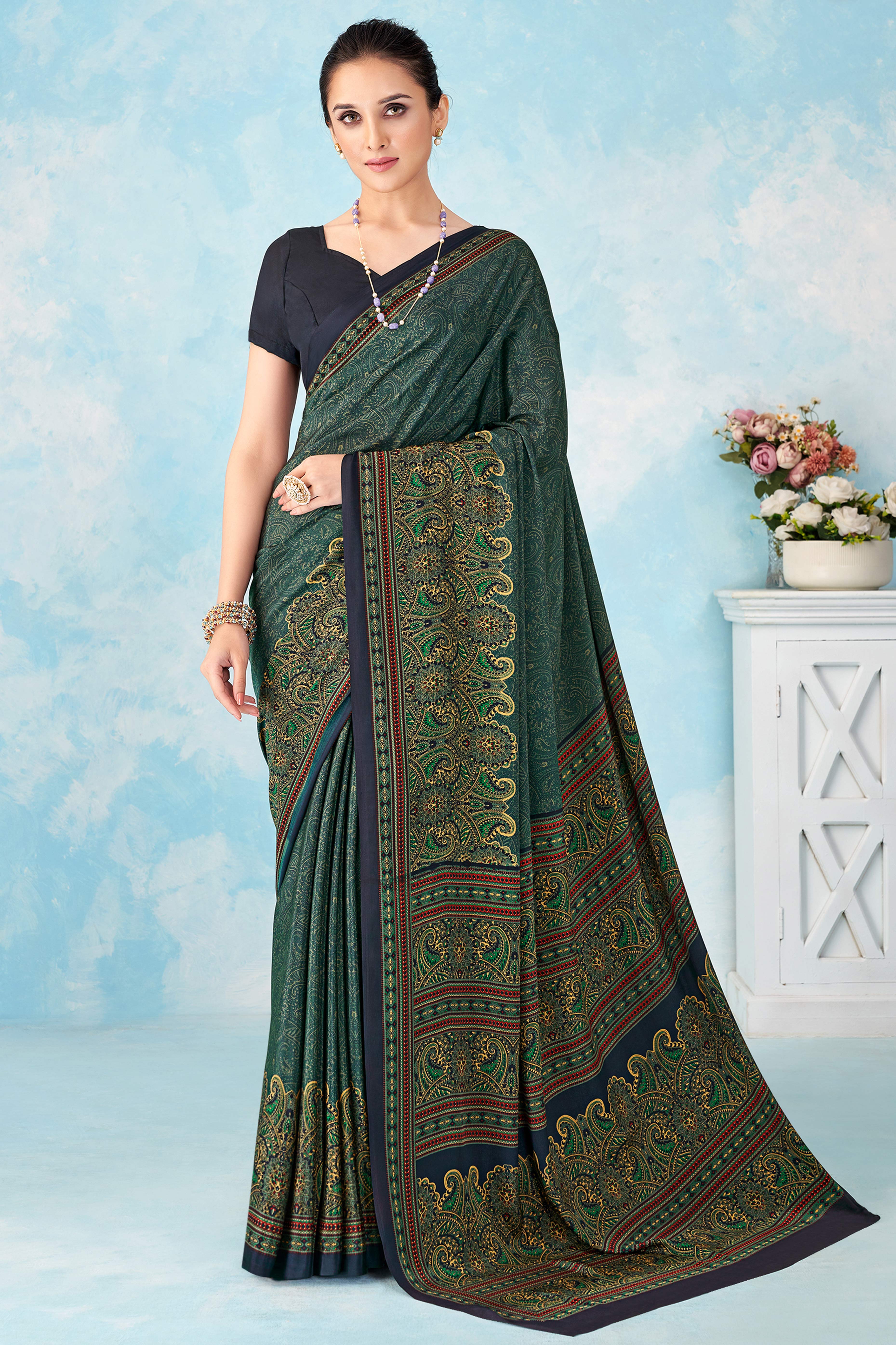 Lightweight Greyish Blue Paisley Printed Saree in Luxurious Silk Crepe