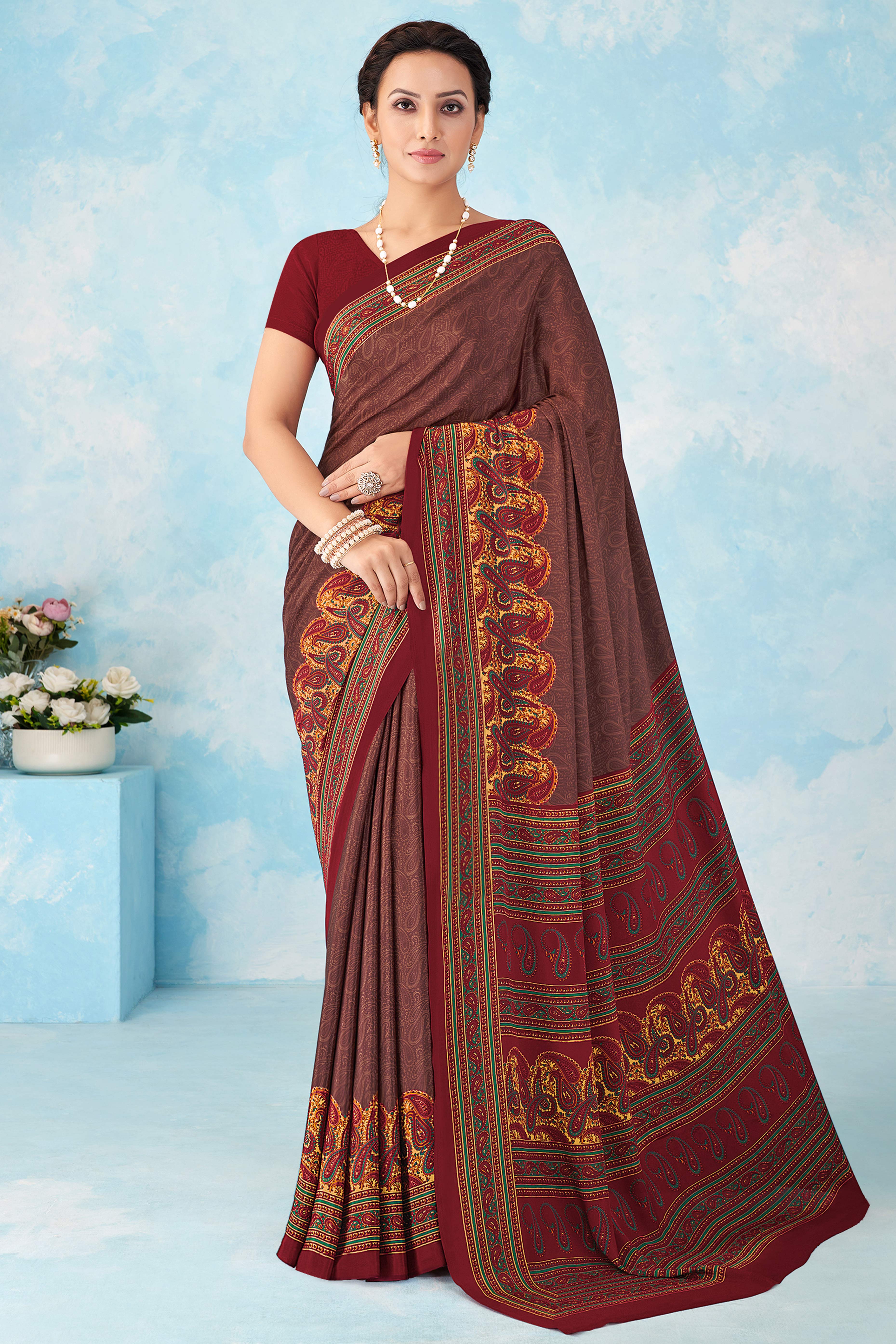 Lightweight Maroon Paisley Printed Saree in Luxurious Silk Crepe
