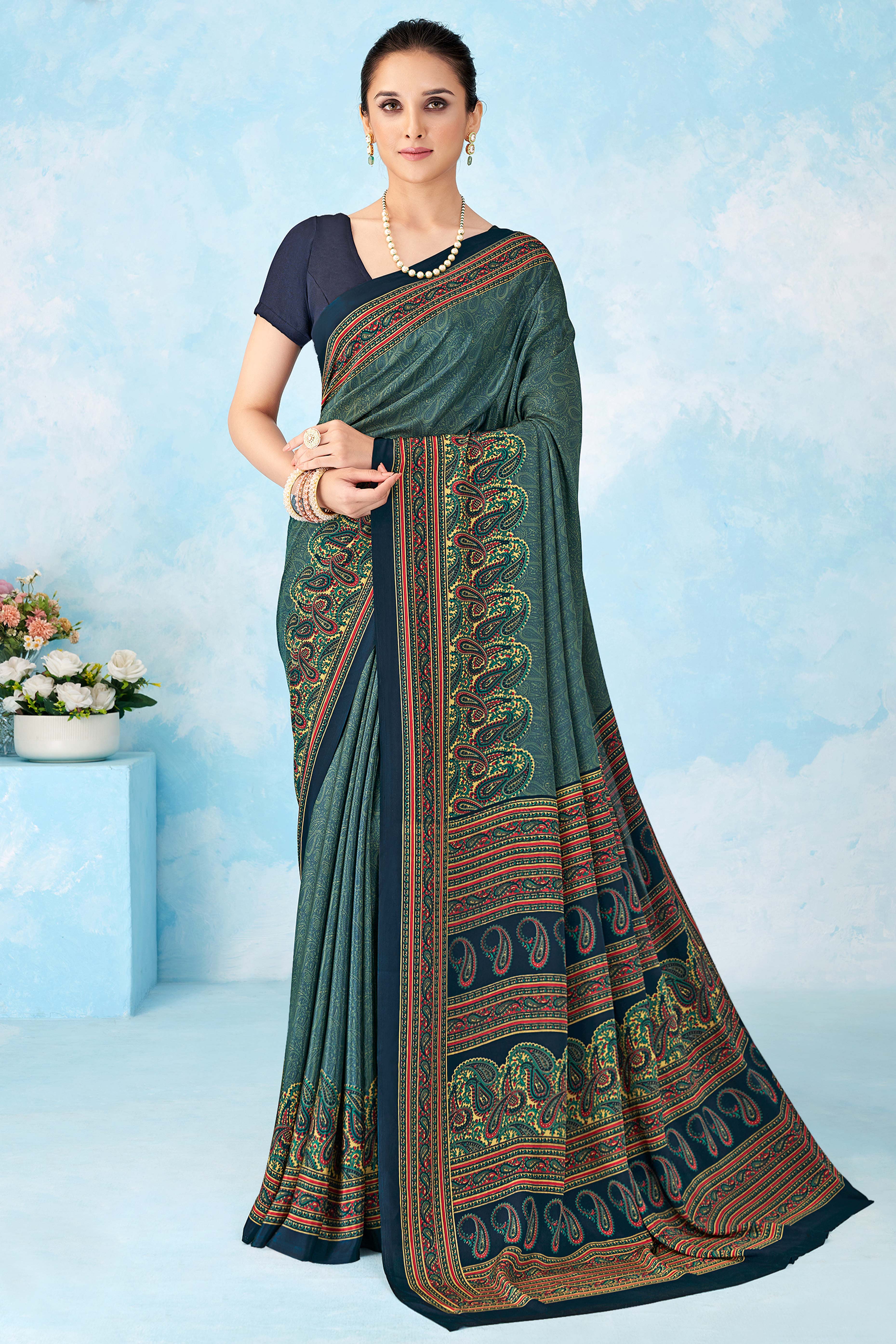 Lightweight Blue Paisley Printed Saree in Luxurious Silk Crepe