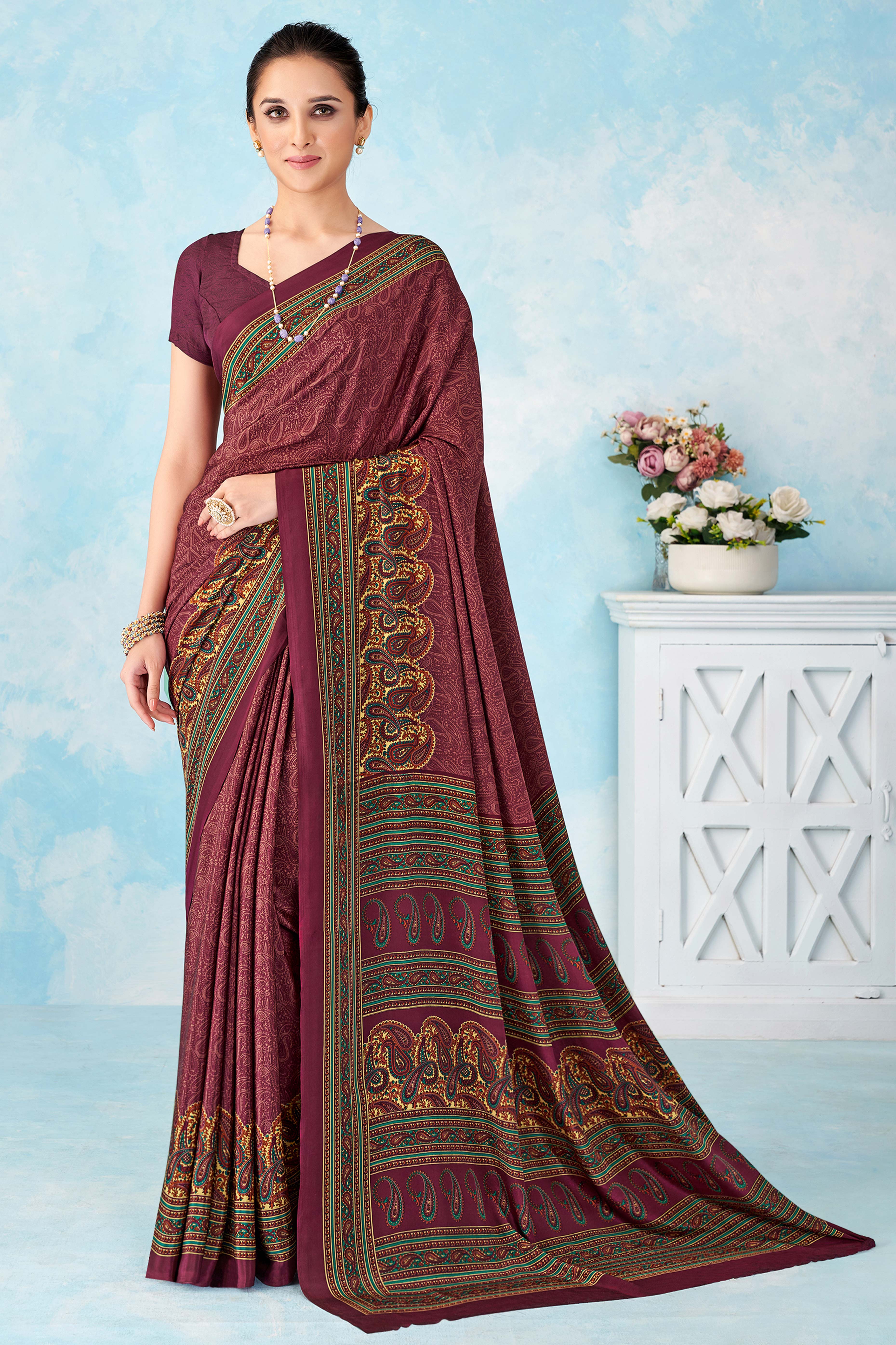Lightweight Purple Paisley Printed Saree in Luxurious Silk Crepe