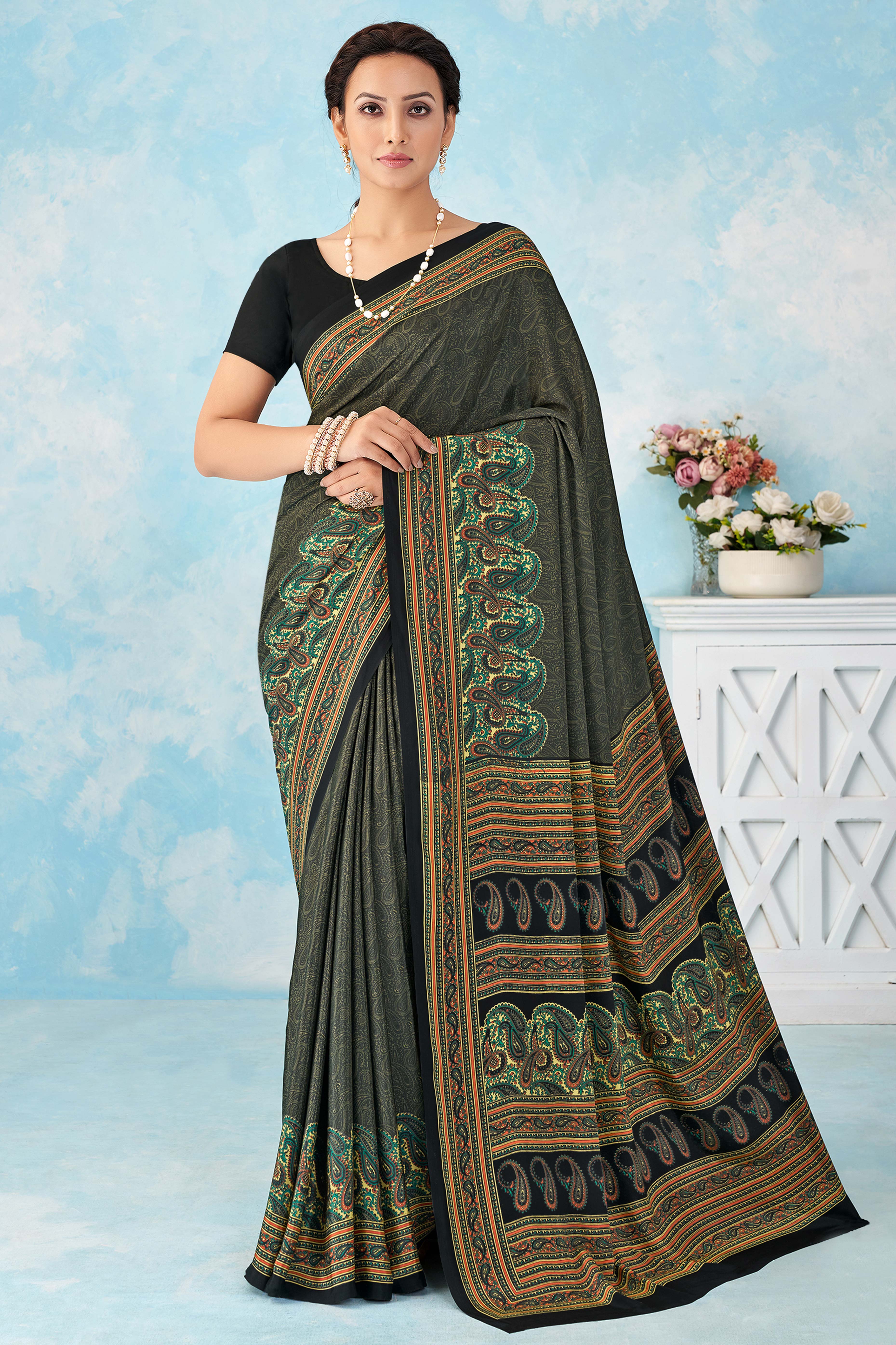Lightweight Grey Paisley Printed Saree in Luxurious Silk Crepe