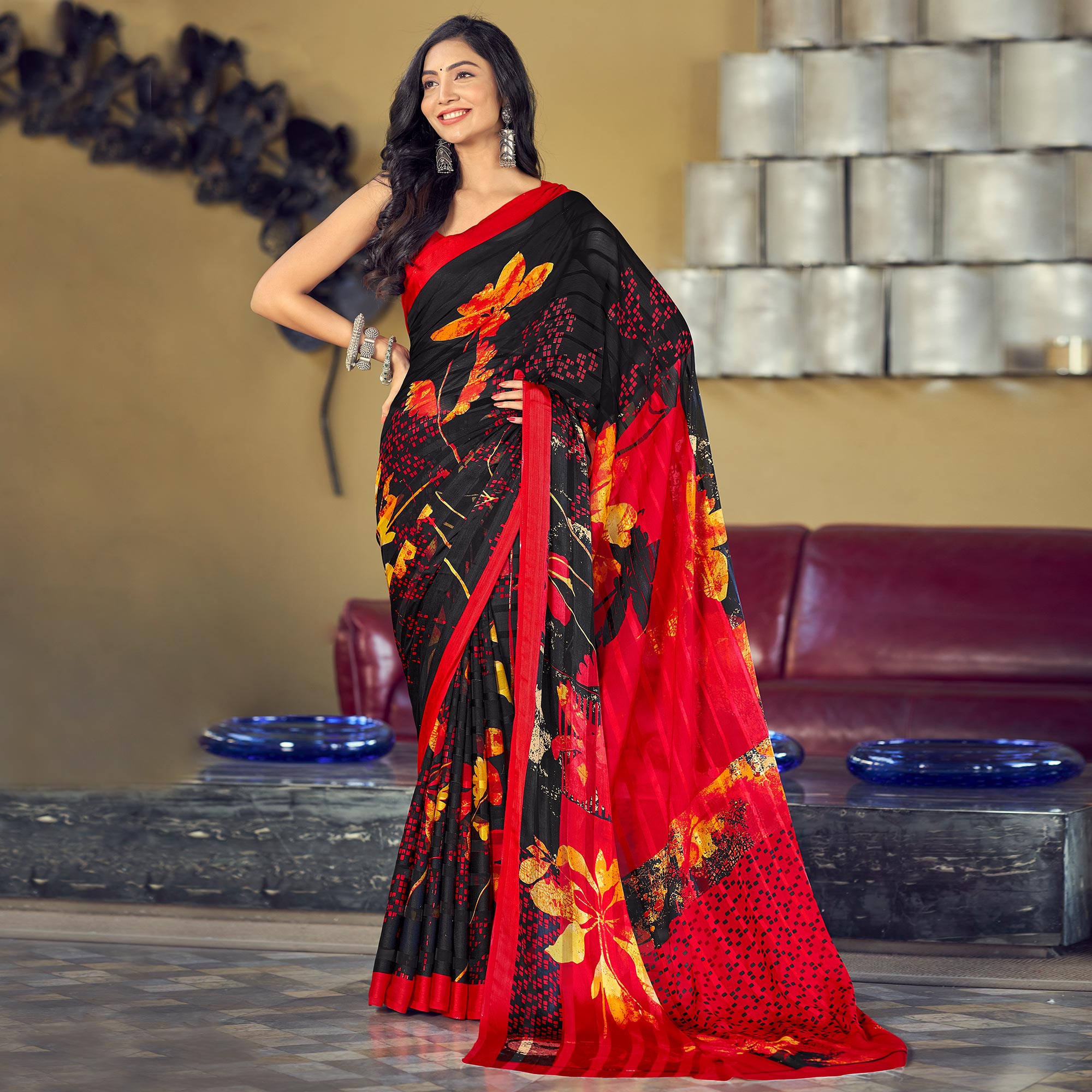 Black Floral Printed Satin Saree