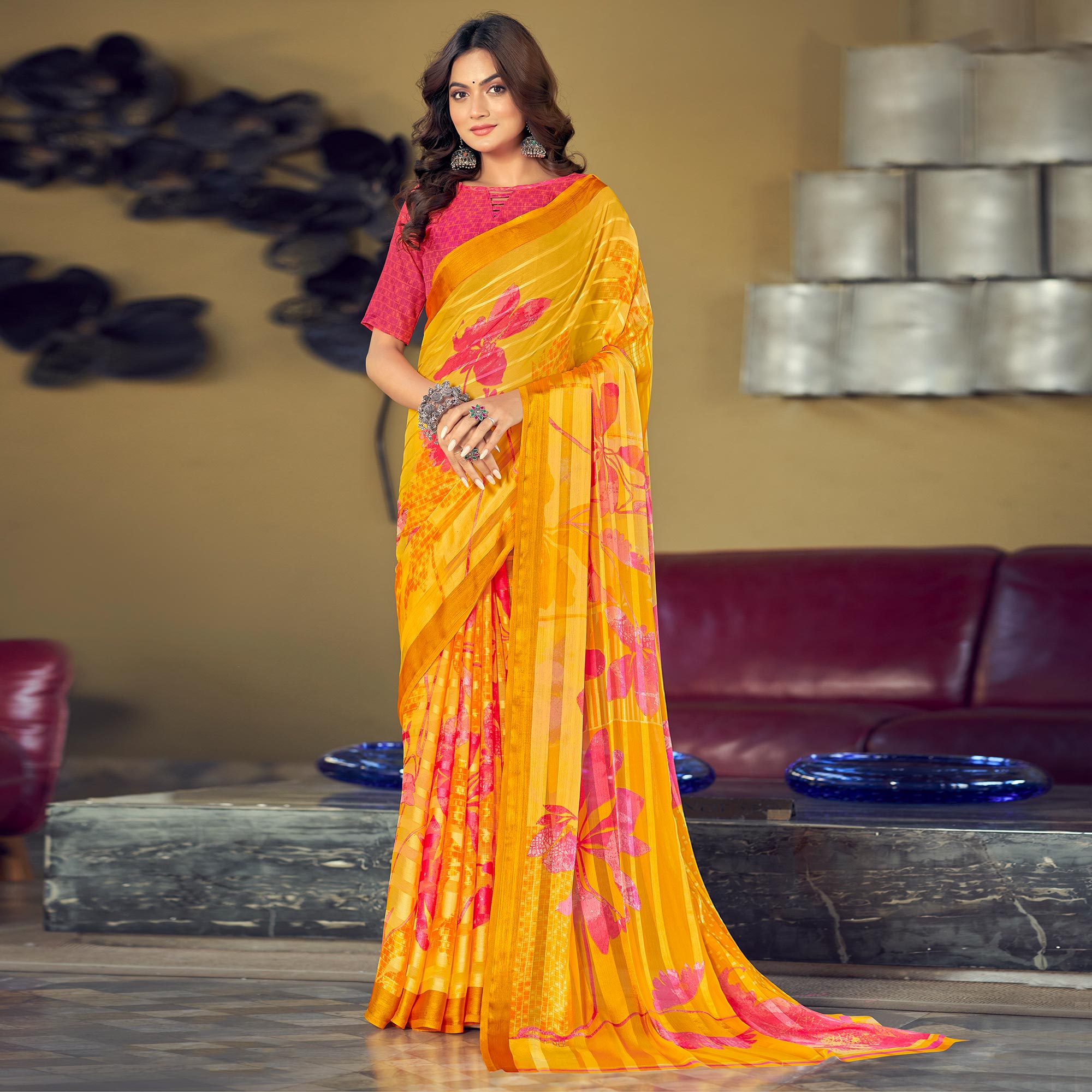 Yellow Floral Printed Satin Saree