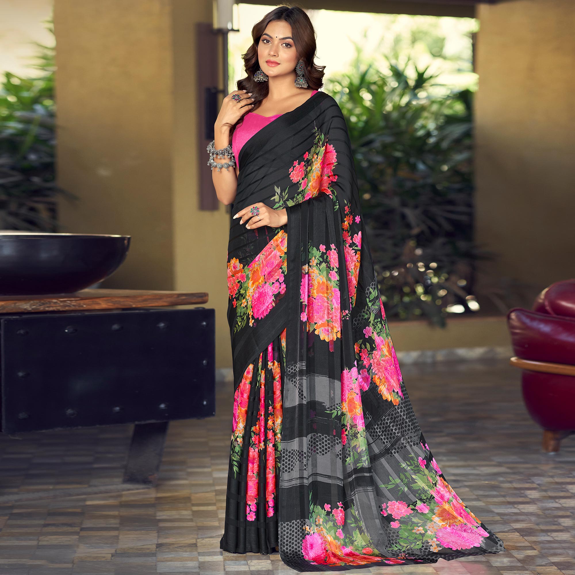 Black Floral Printed Satin Saree