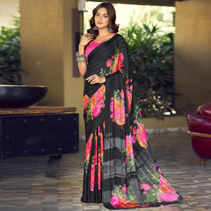Black Floral Printed Satin Saree