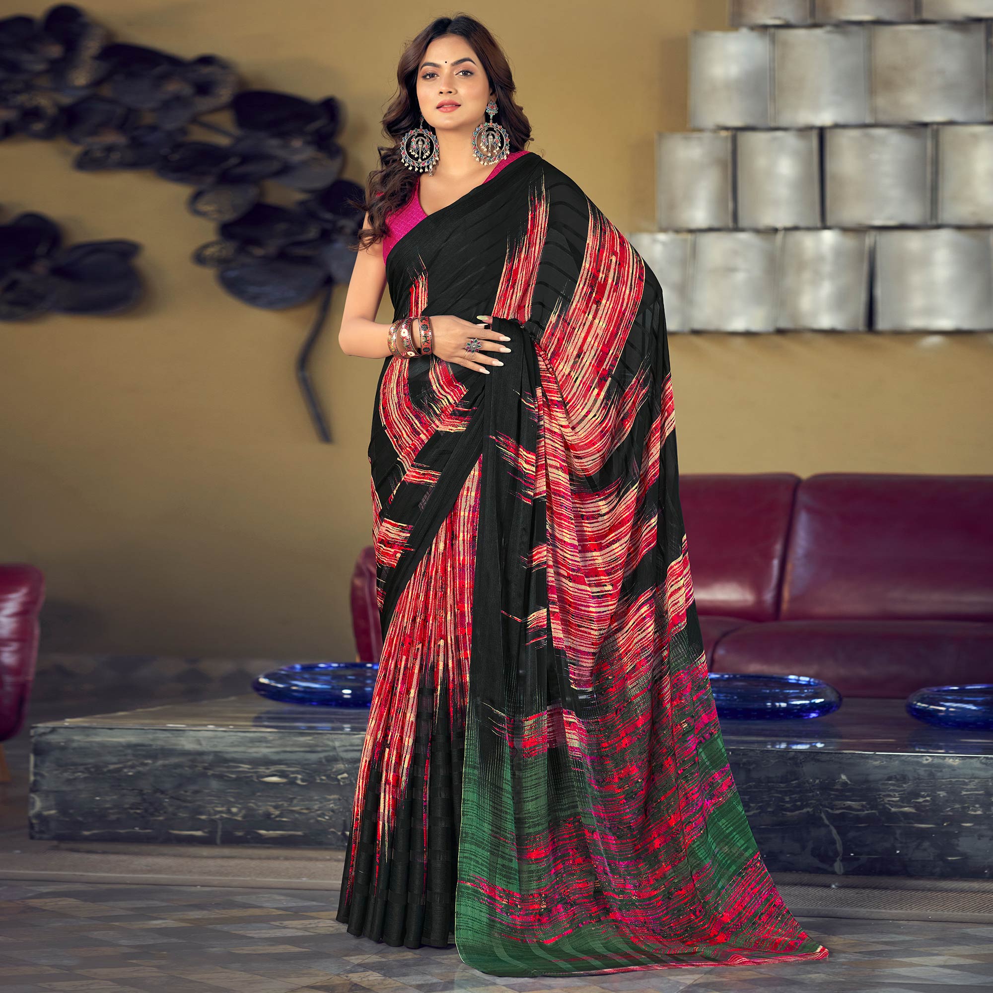 Black Striped Printed Satin Saree