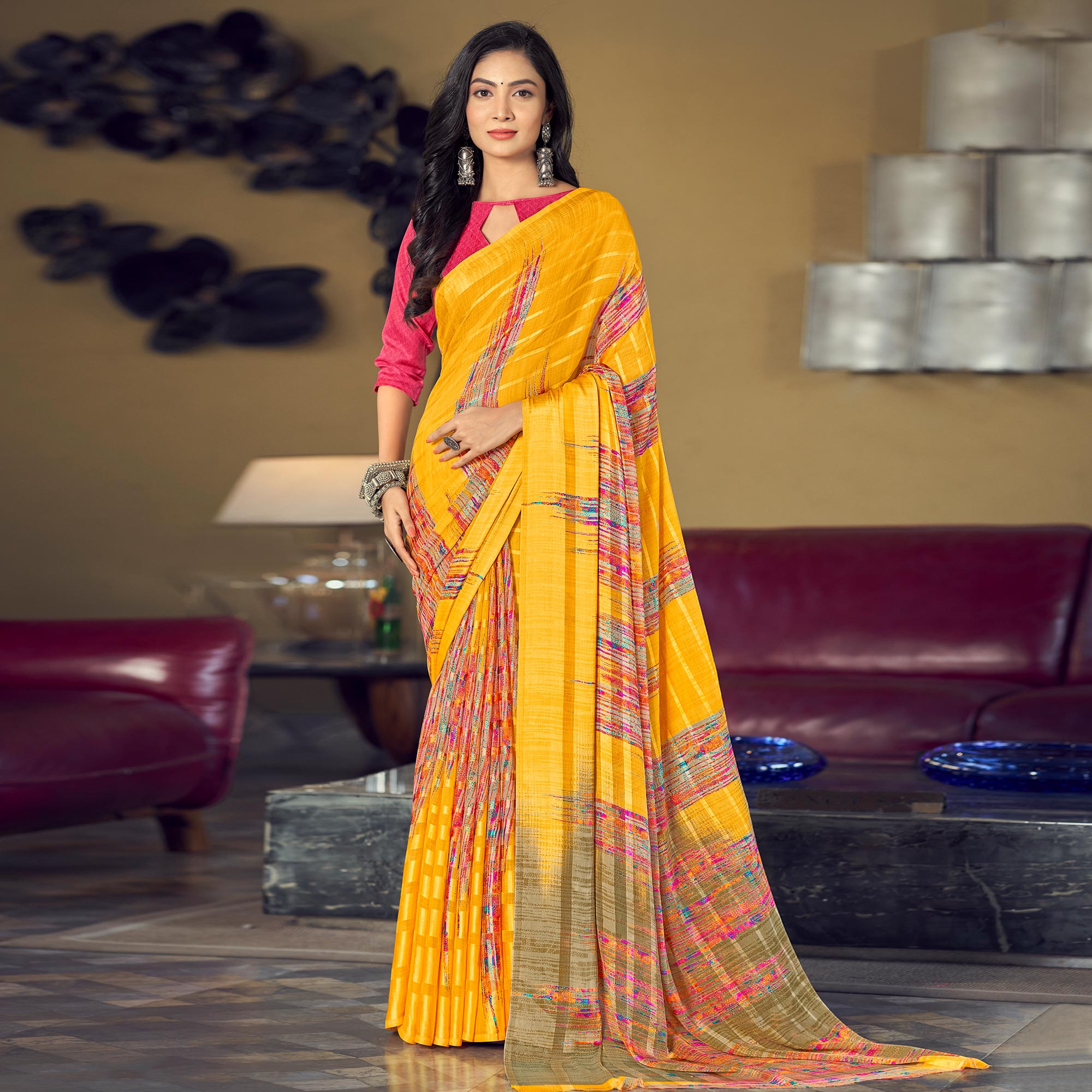 Yellow Striped Printed Satin Saree