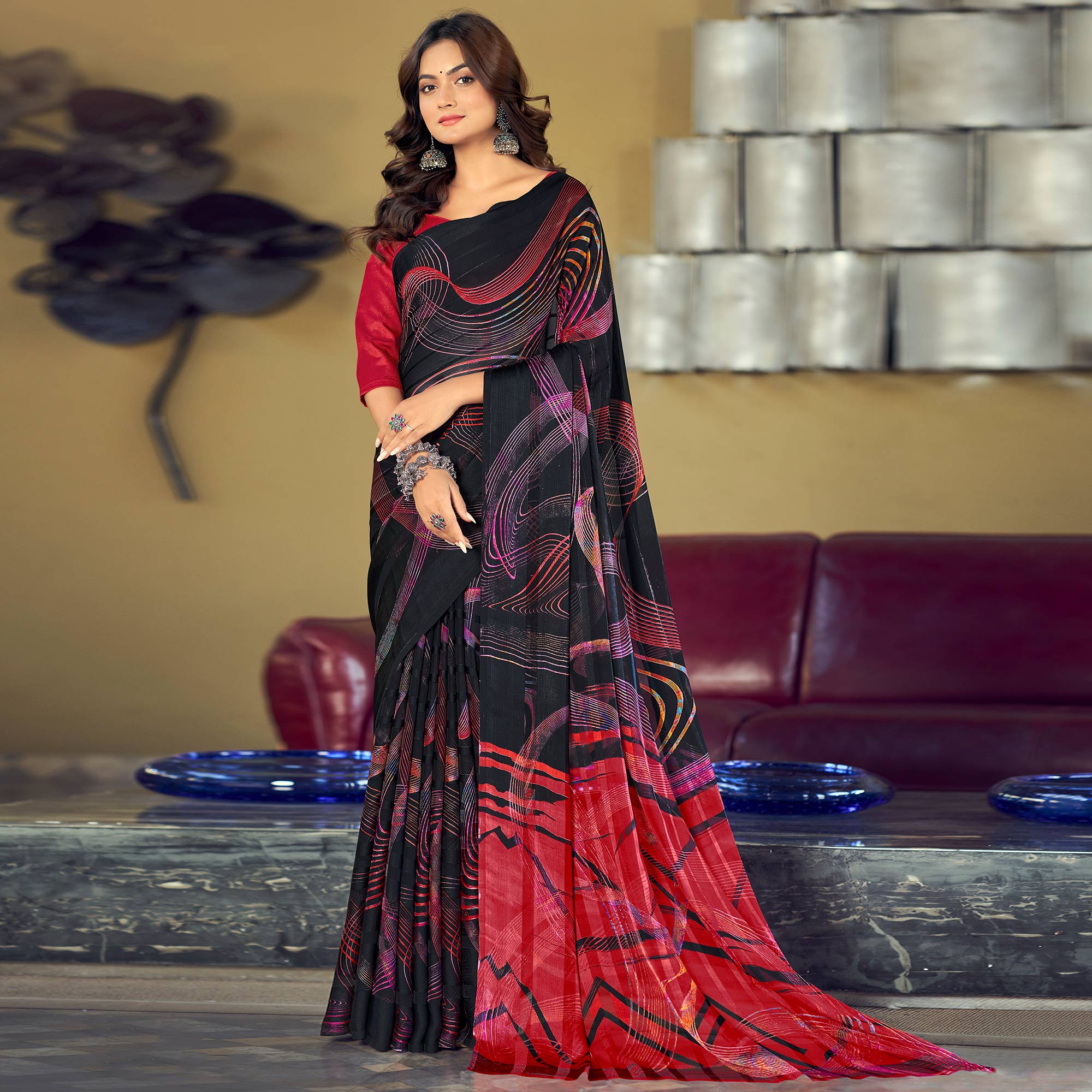 Black Printed Satin Saree