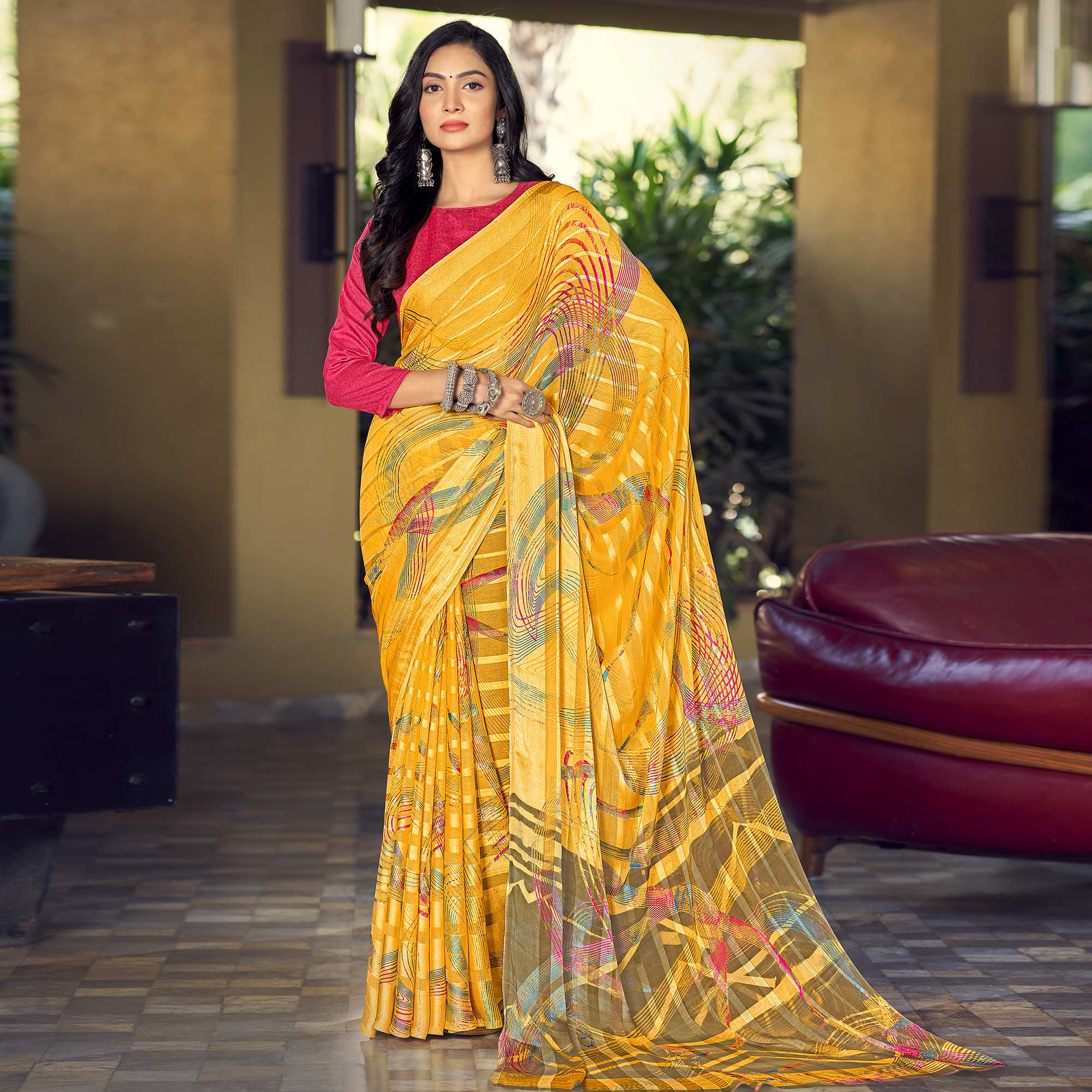 Yellow Printed Satin Saree