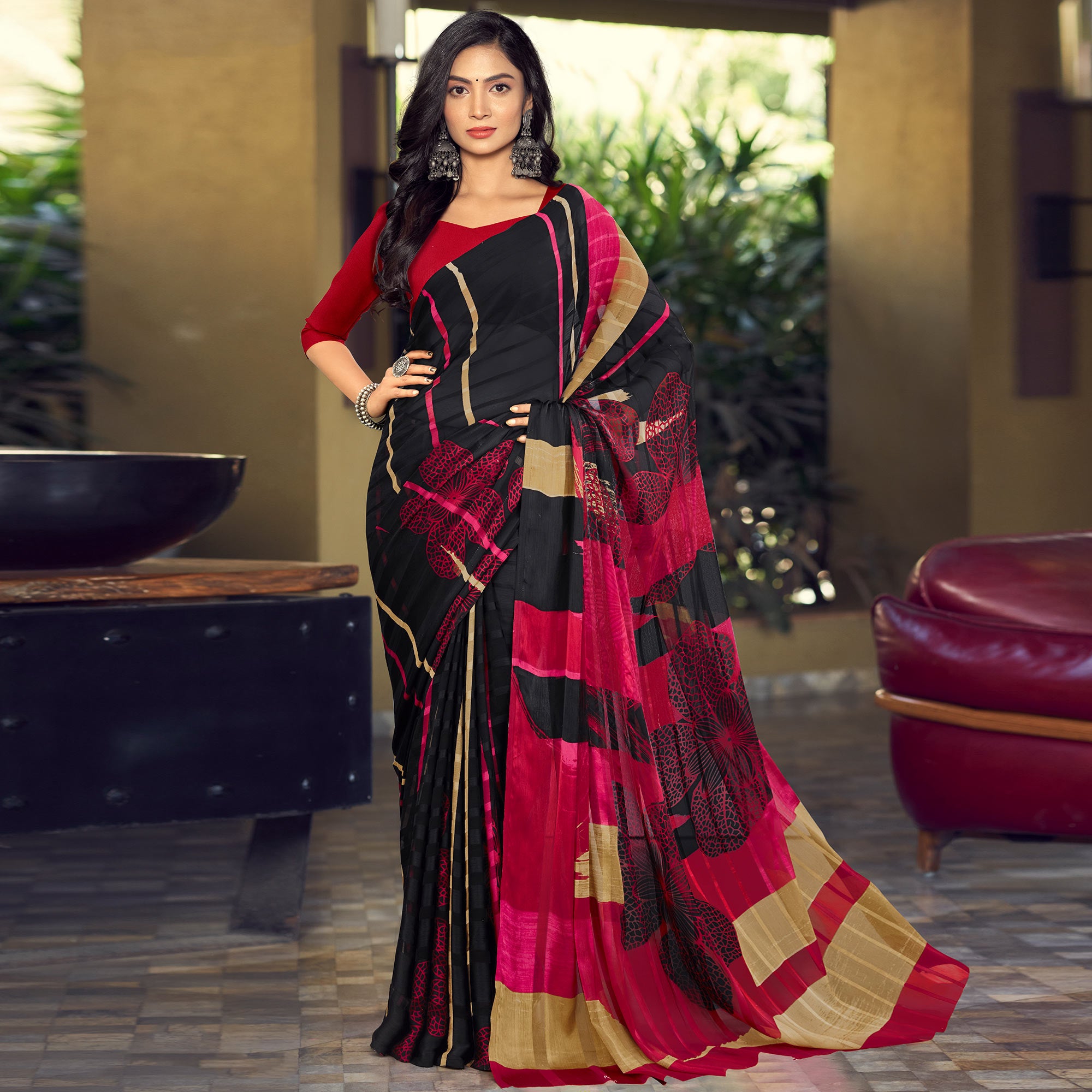 Black Floral Printed Satin Saree