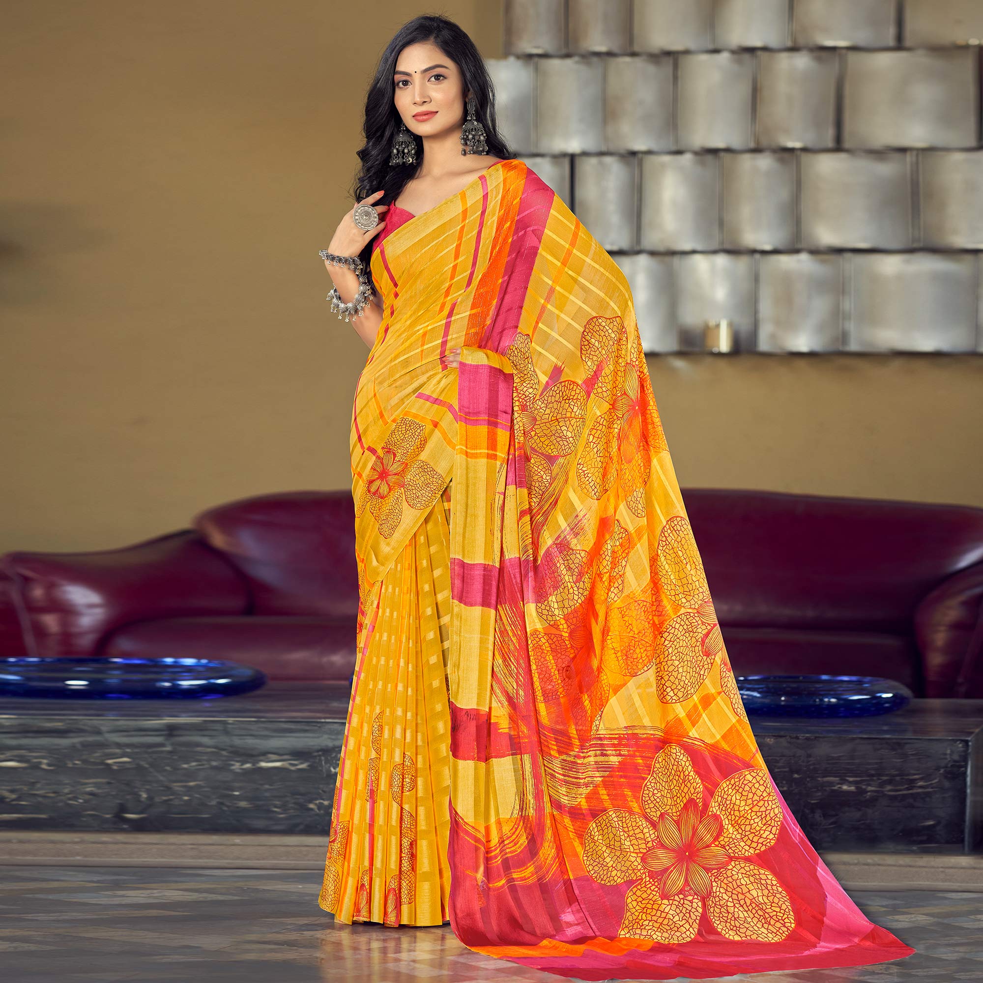 Yellow Floral Printed Satin Saree