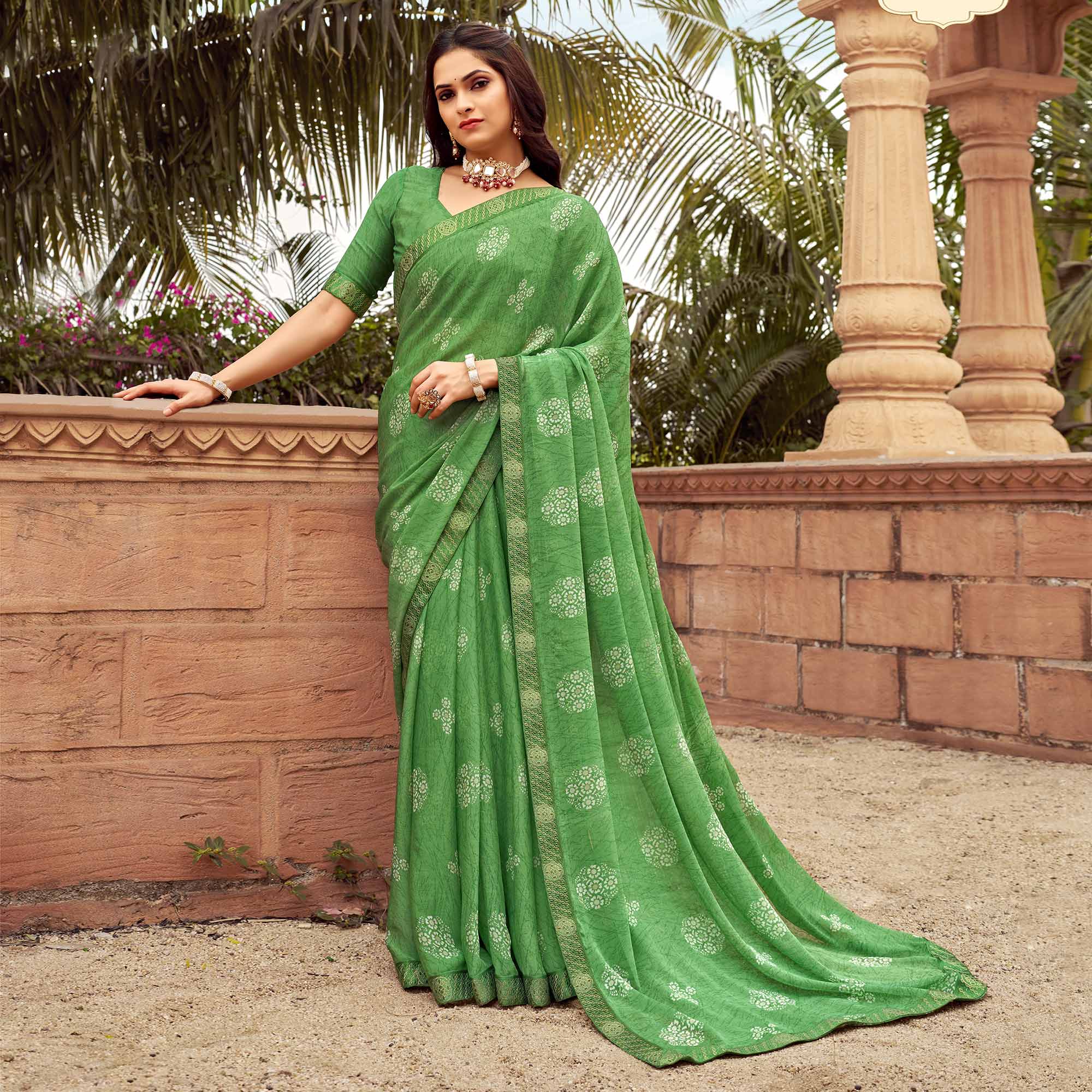 Green Floral Printed Chiffon Saree