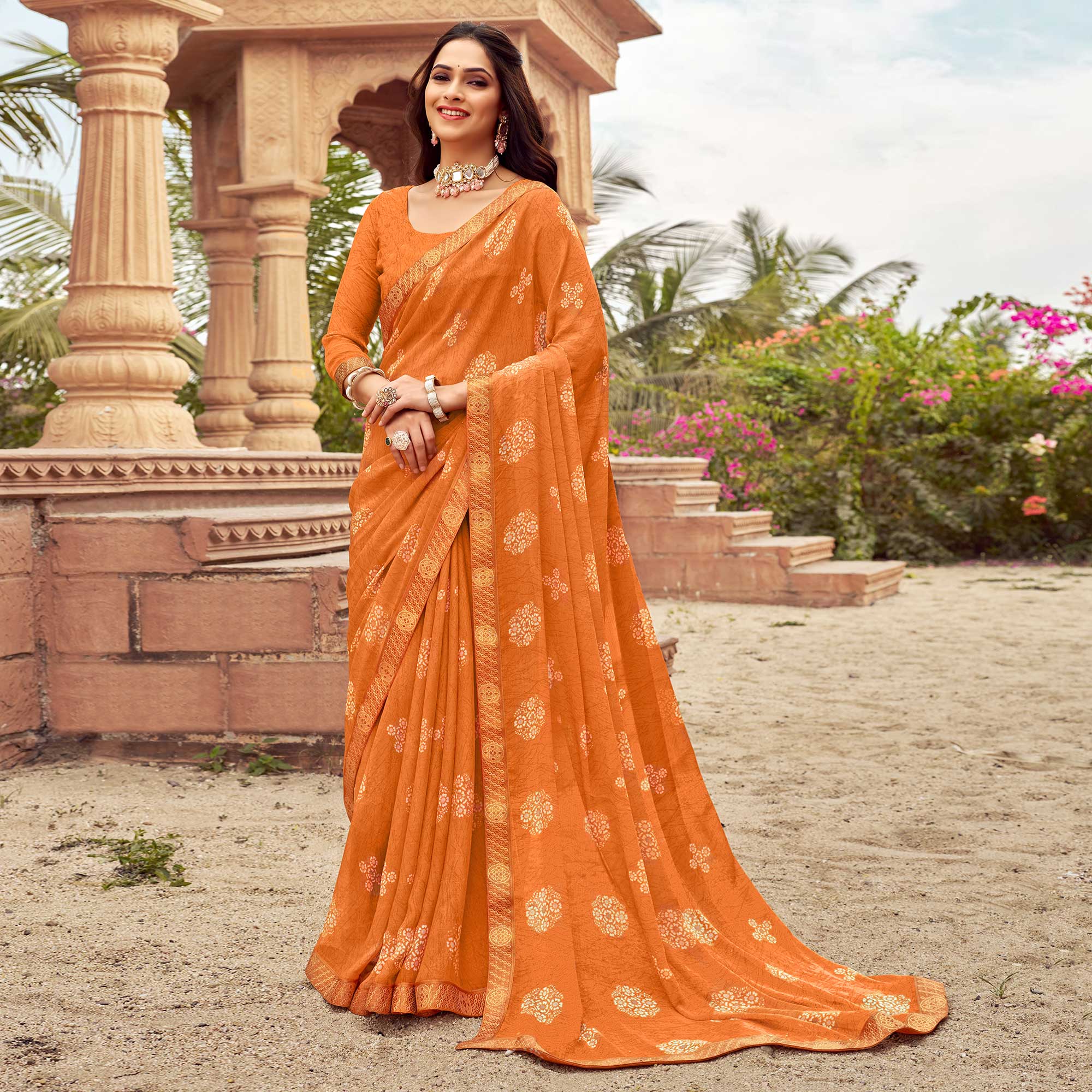 Orange Floral Printed Chiffon Saree