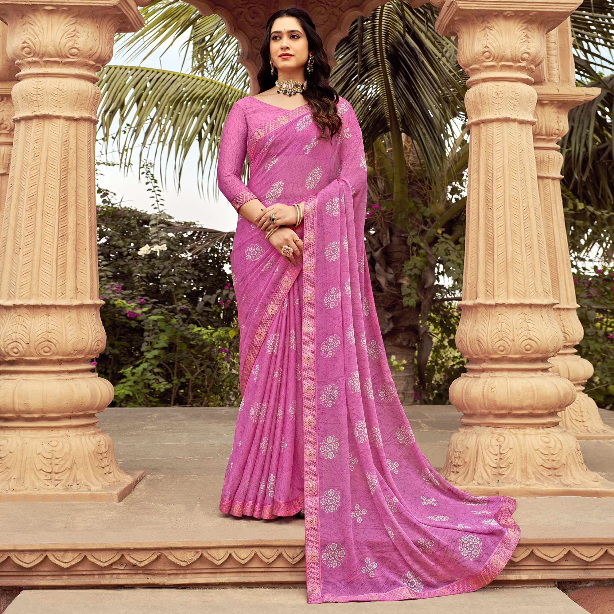 Purple Floral Printed Chiffon Saree