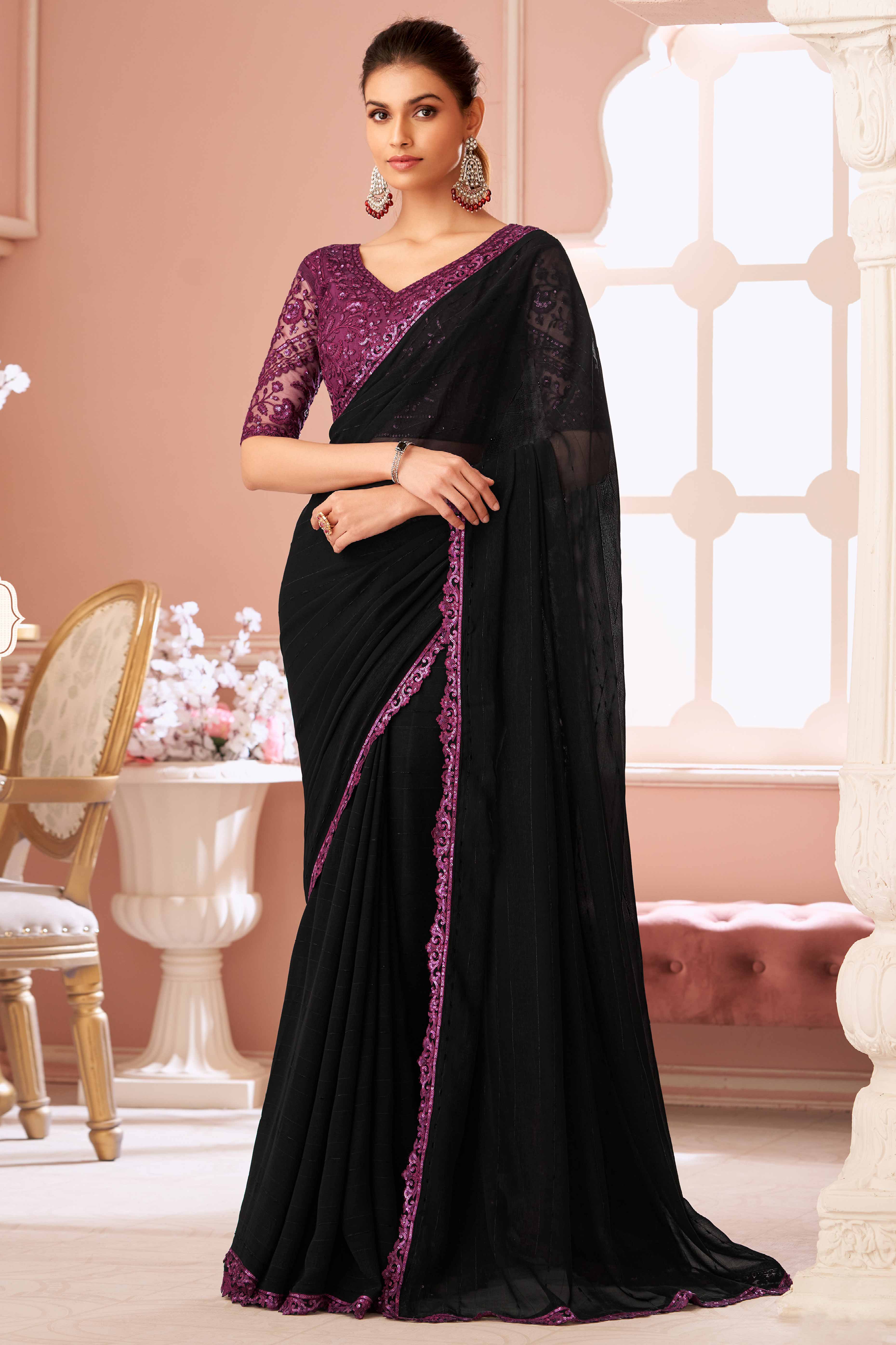 Black Sequins Embroidered Georgette Saree