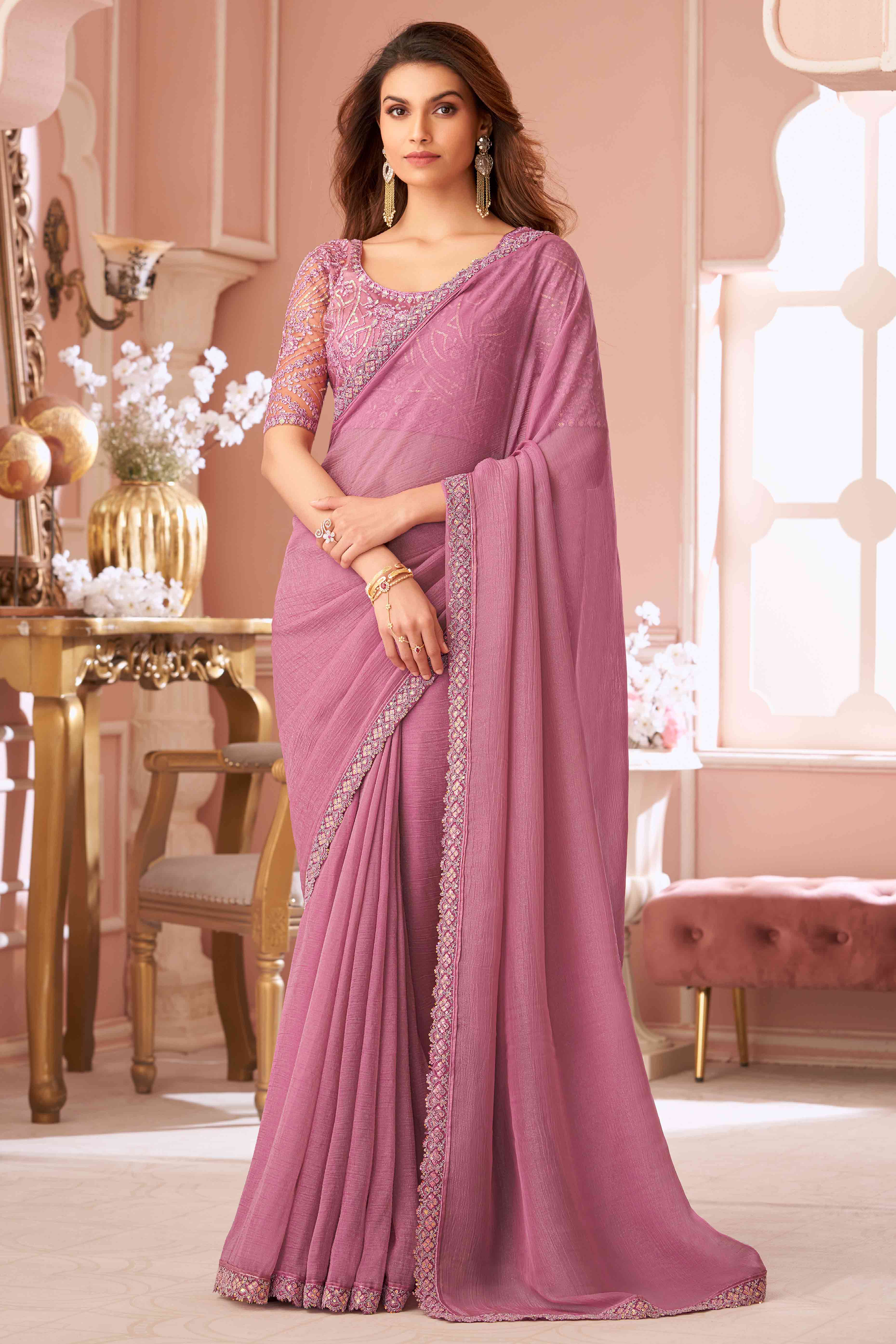 Dusty Pink Sequins Embroidered Georgette Saree