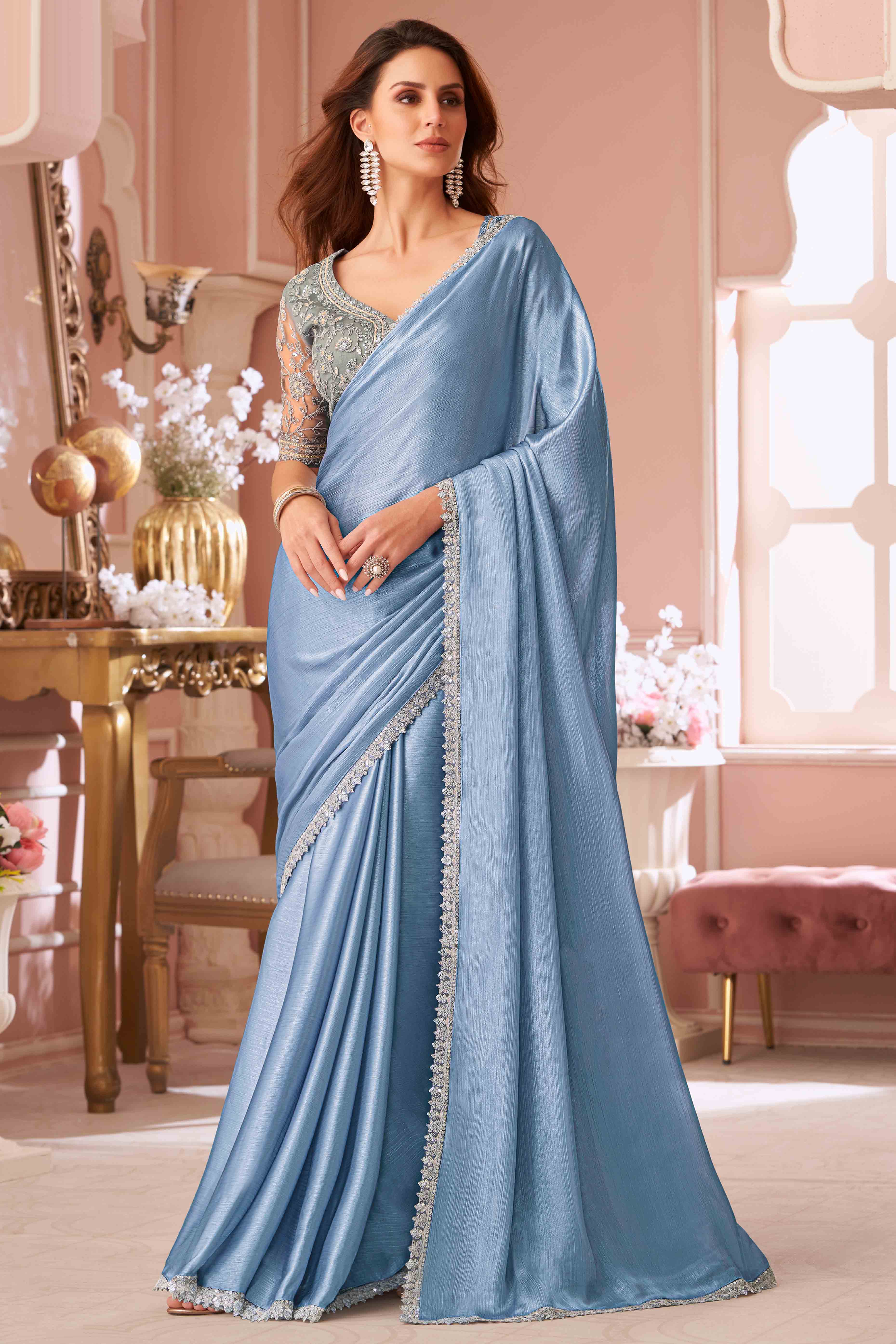 Sky Blue Sequins Embroidered Chiffon Saree