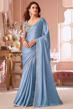 Sky Blue Sequins Embroidered Chiffon Saree