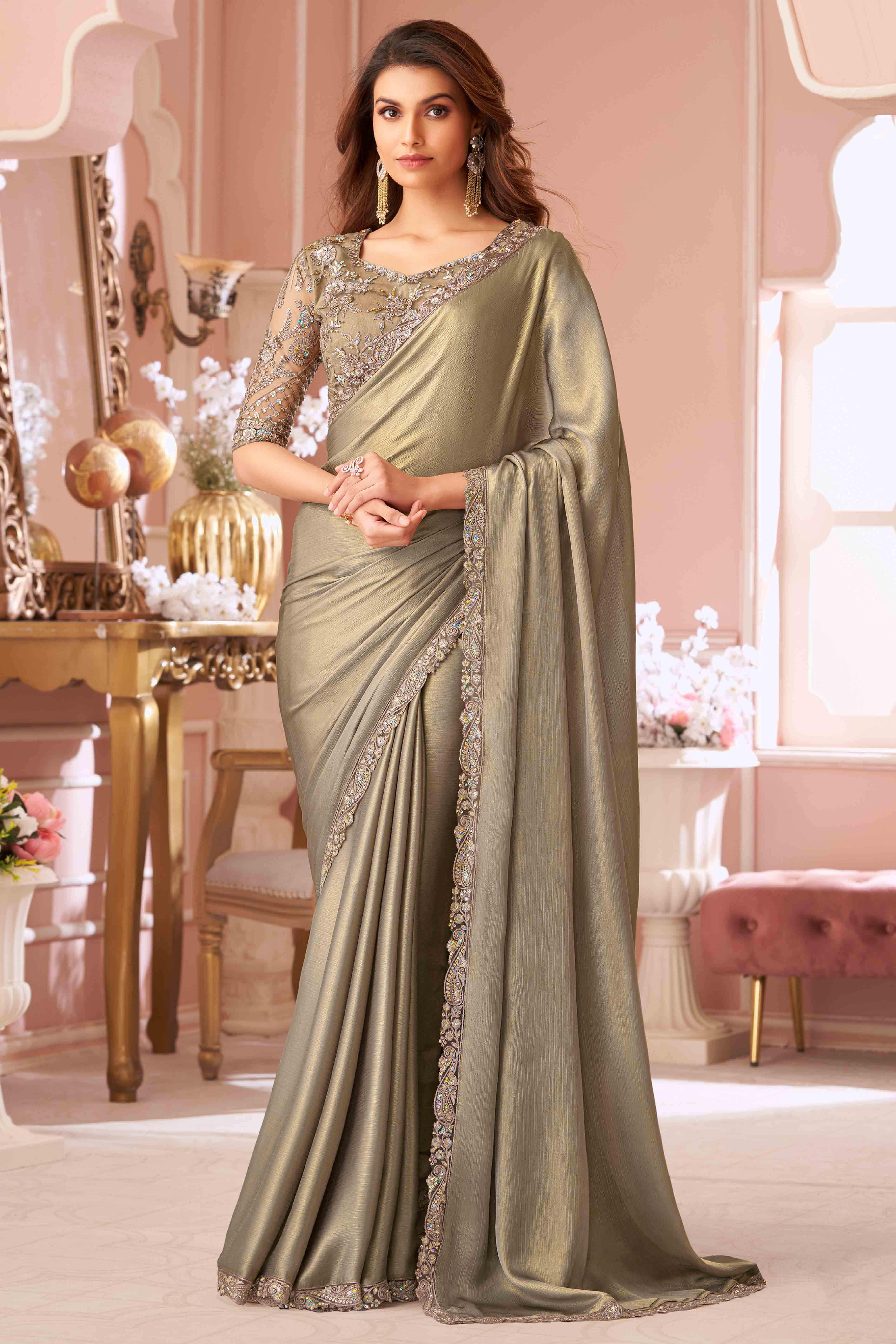 Beige Sequins Embroidered Chiffon Saree