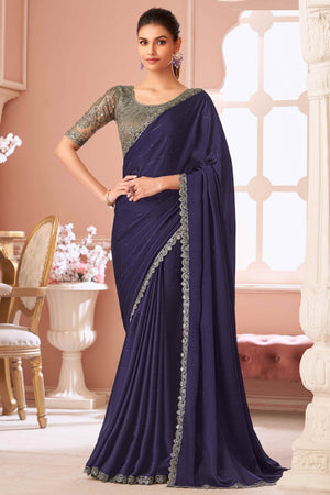 Navy Blue Sequins Embroidered Satin Saree