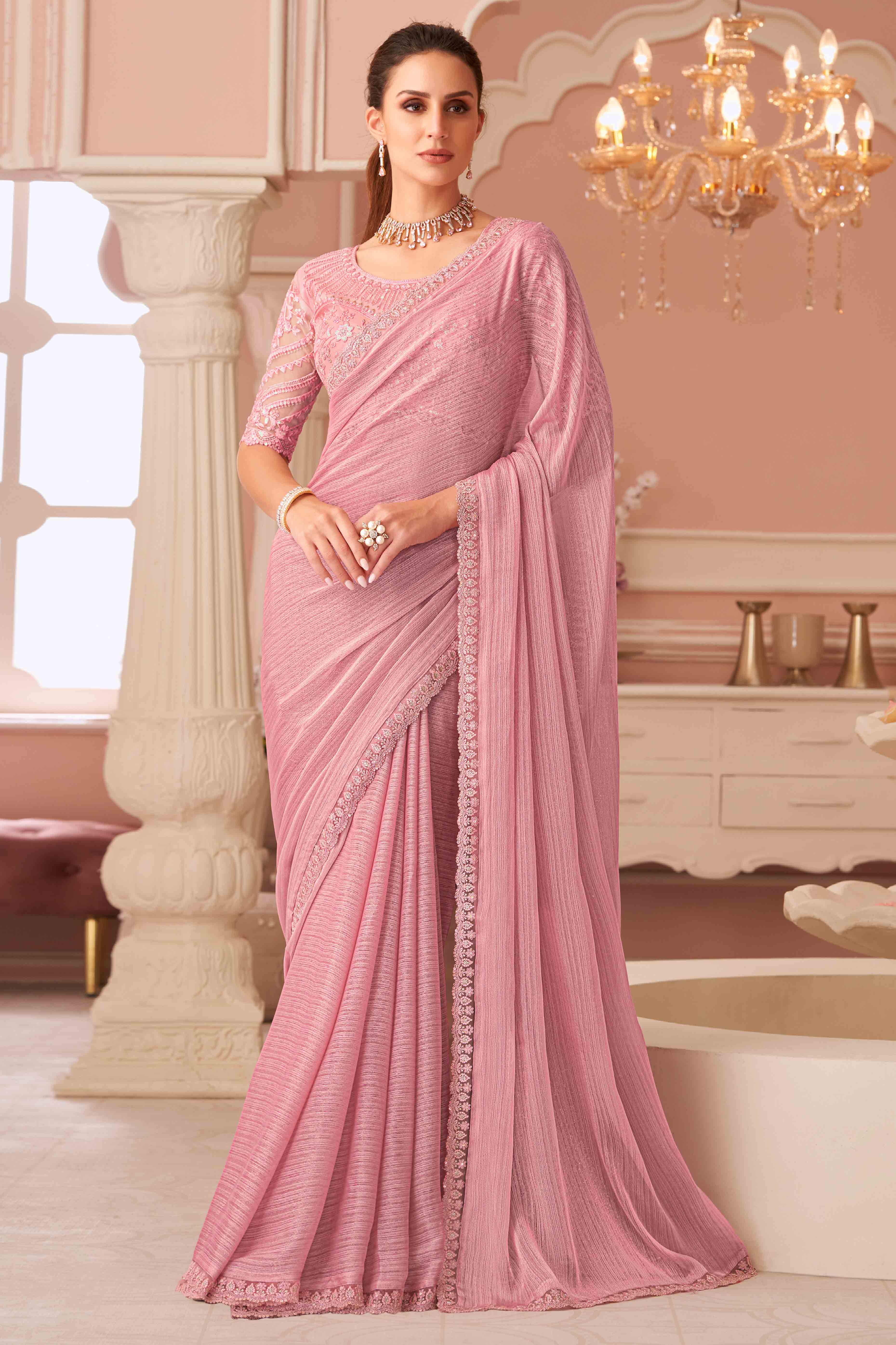 Pink Sequins Embroidered Georgette Saree