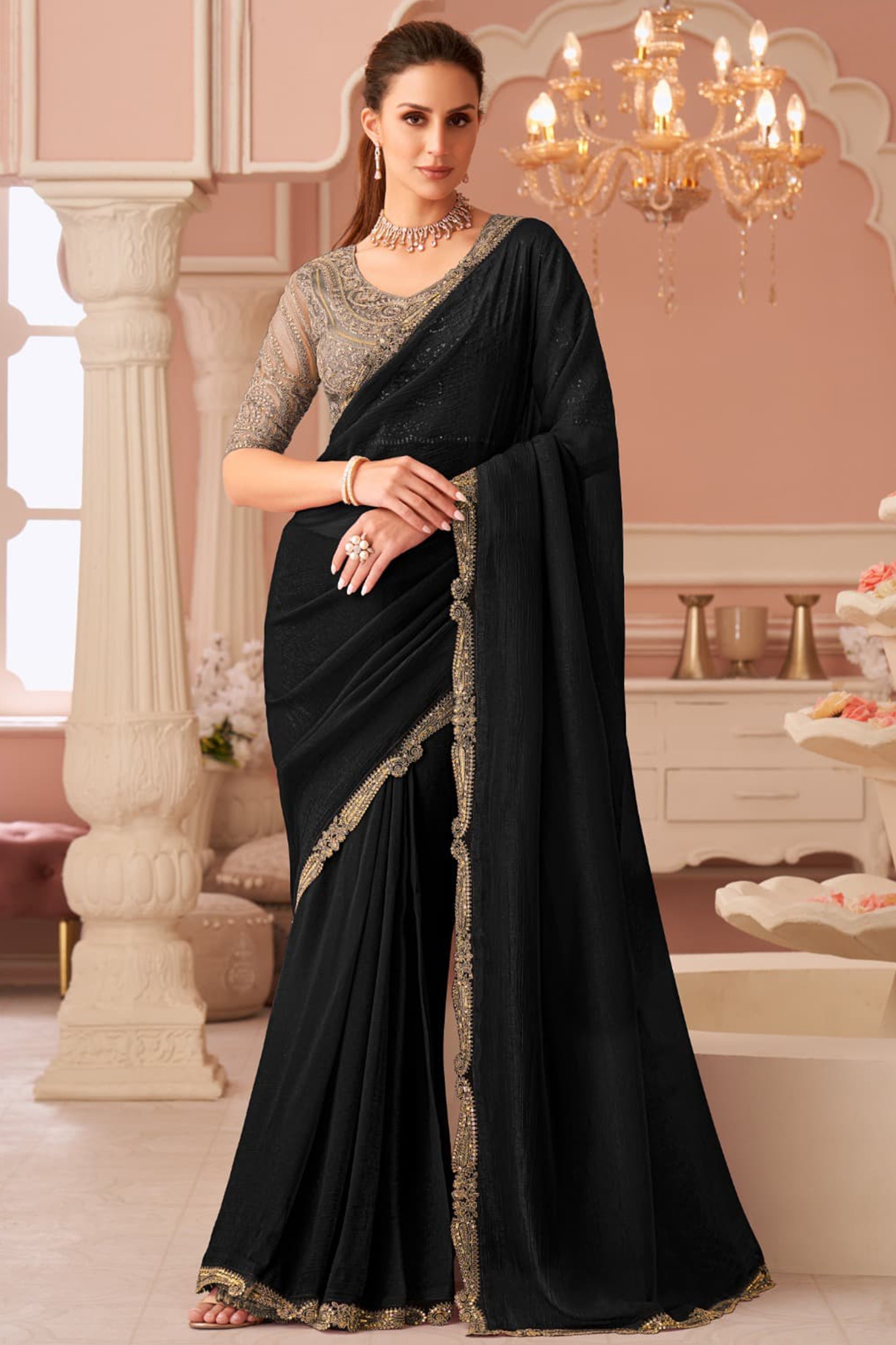 Graceful Black Georgette Saree with Intricate Sequin Embroidery Detailing