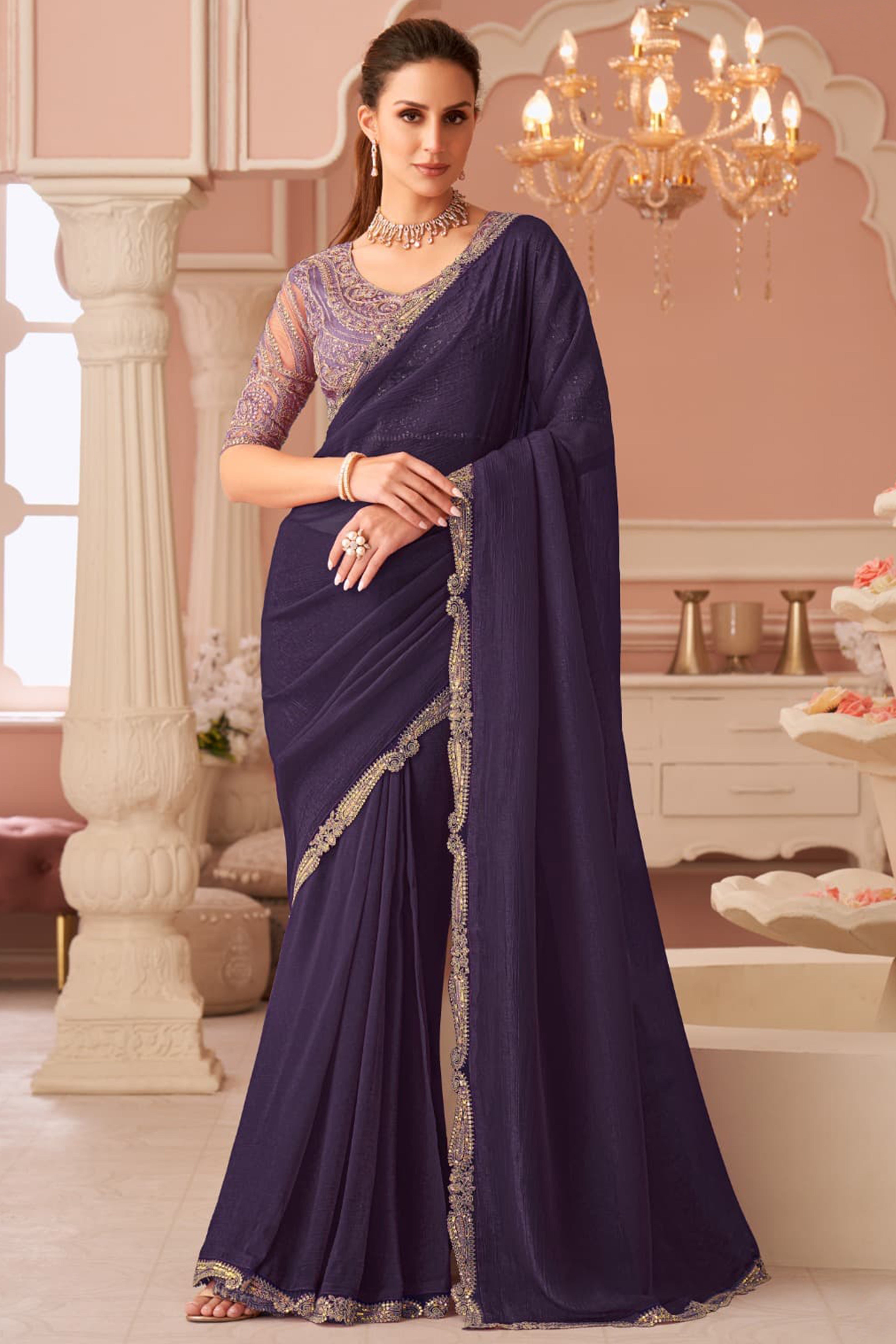 Graceful Purple Georgette Saree with Intricate Sequin Embroidery Detailing