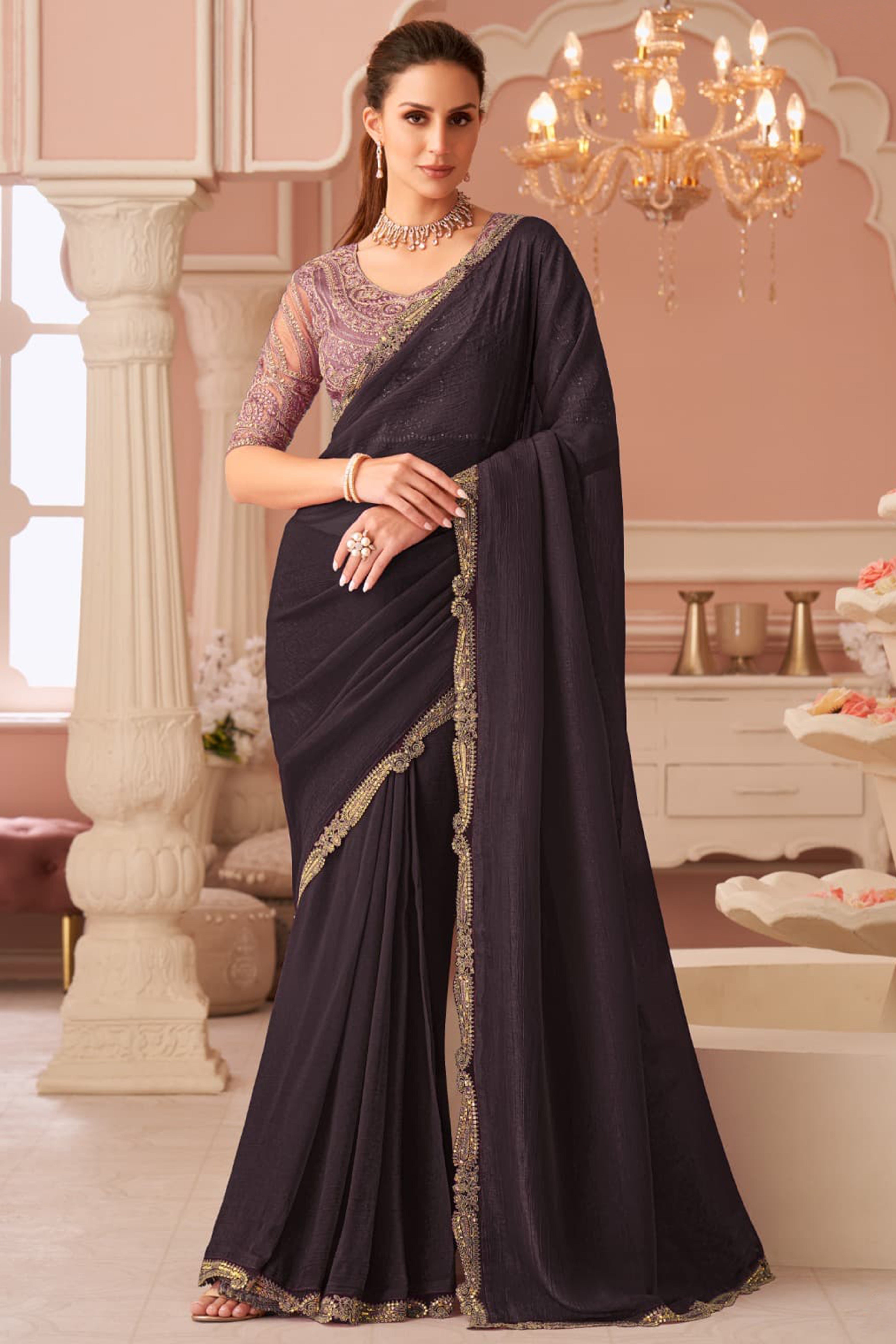 Graceful Wine Georgette Saree with Intricate Sequin Embroidery Detailing