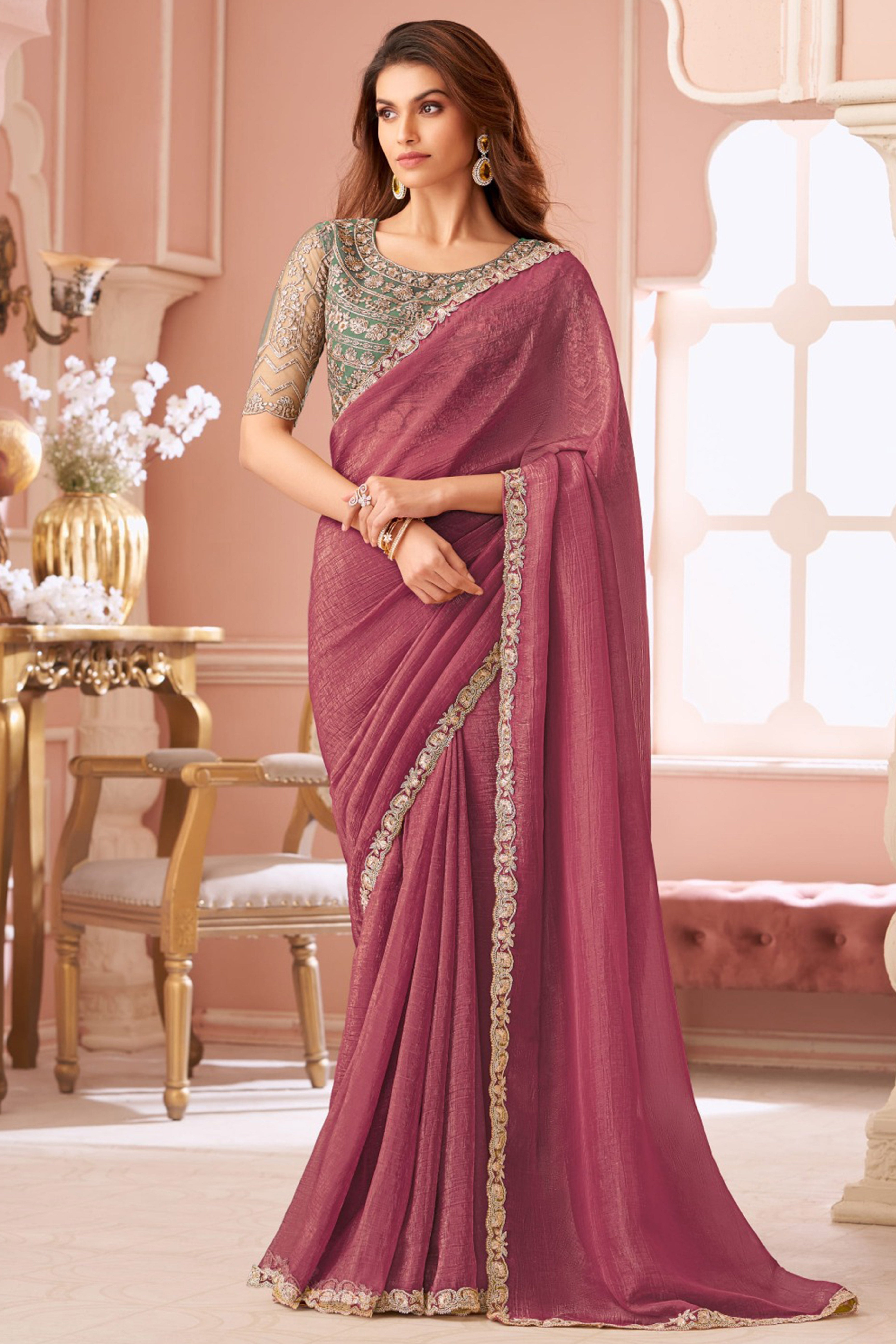Designer Onion Pink Sequin Embroidered Georgette Saree for Party Functions
