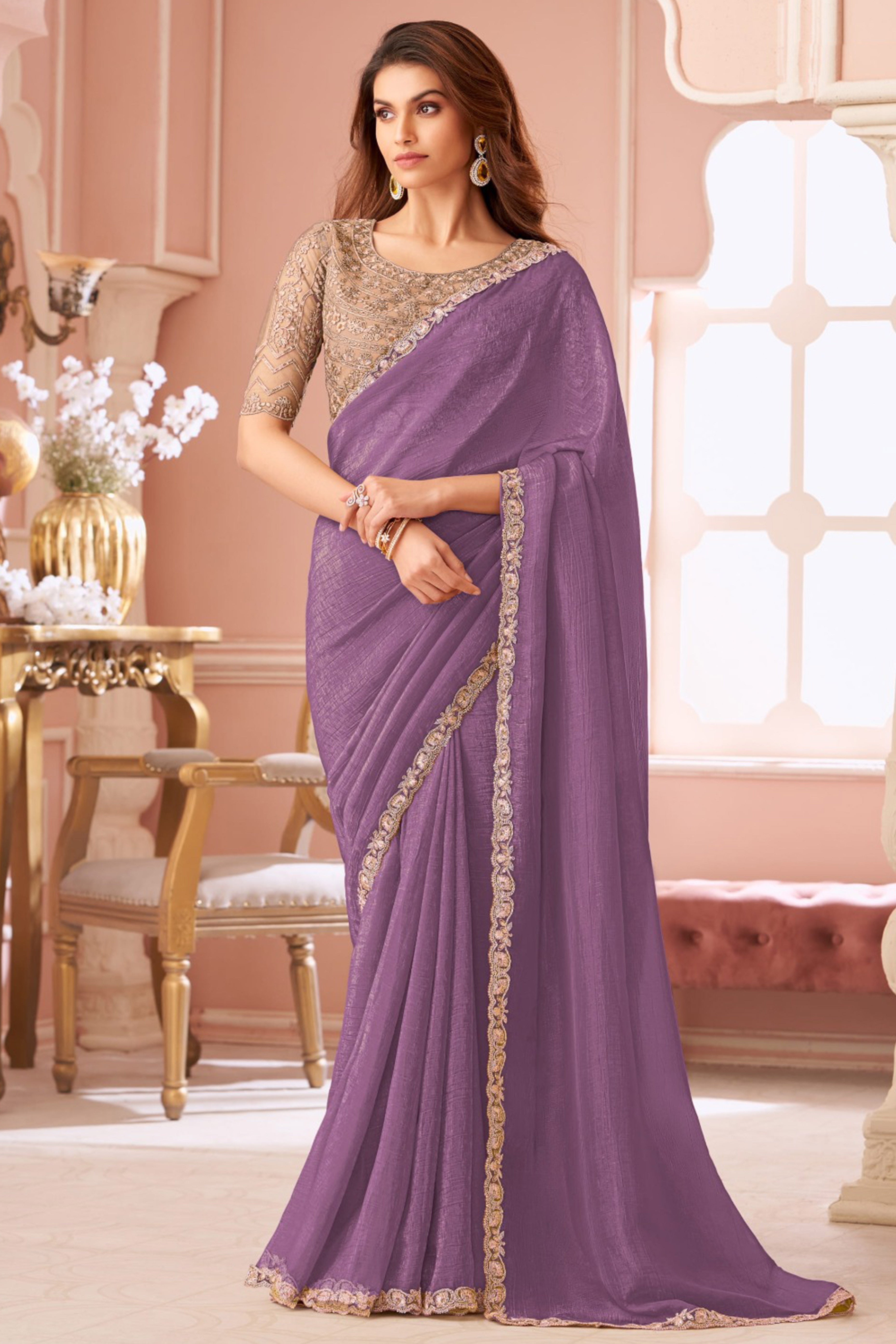 Designer Purple Sequin Embroidered Georgette Saree for Party Functions