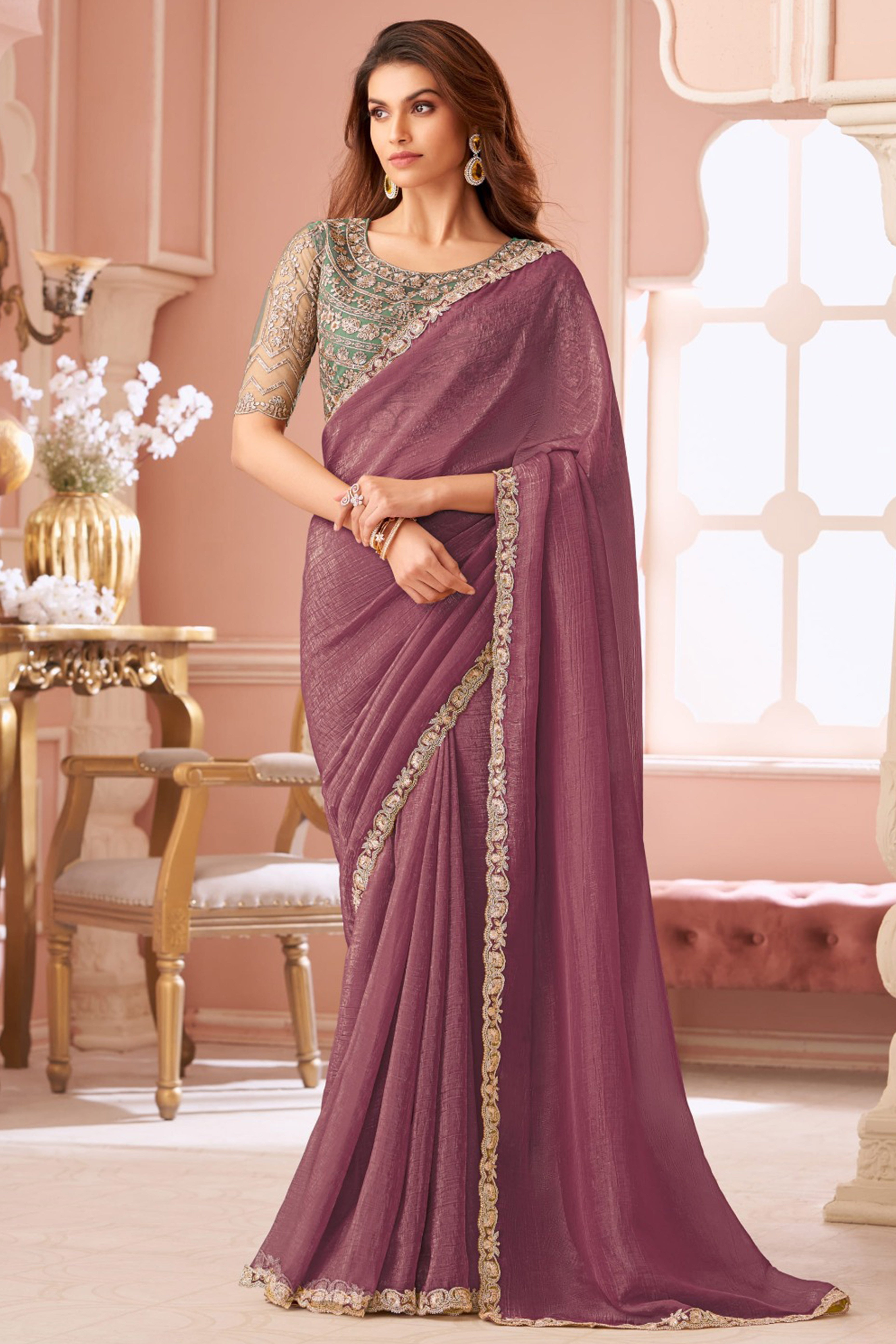 Designer Mauve Sequin Embroidered Georgette Saree for Party Functions