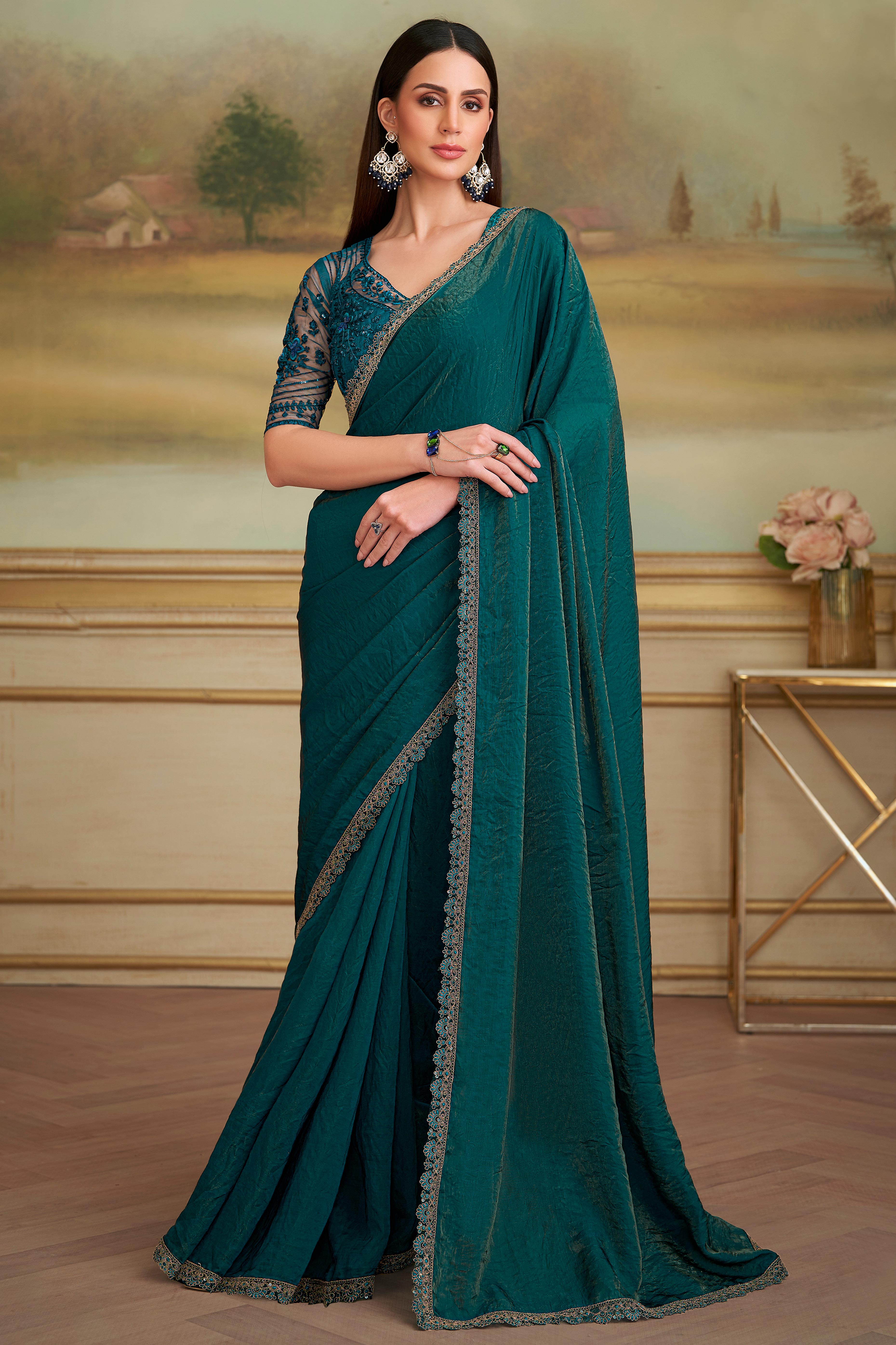 Dark Teal Twilight Georgette Saree Embellished With Floral Sequins Embroidered & Lace Border