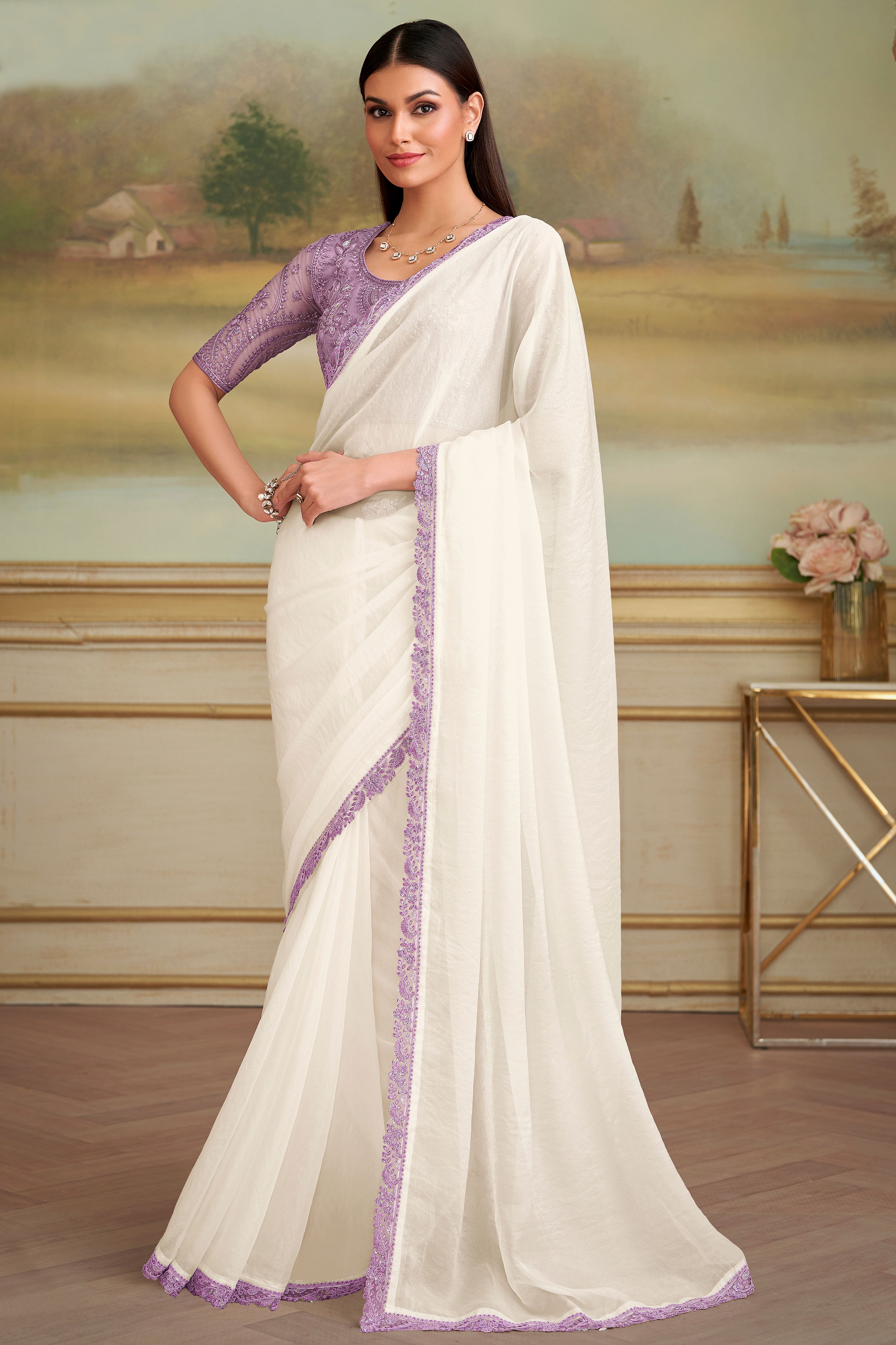 Elegant White Sparkle Georgette Saree Adorned With Floral Sequins Embroidered Lace Border Work