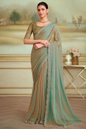 Charming Turquoise Striped Georgette Saree Featuring Floral Sequins Embroidered Lace Border