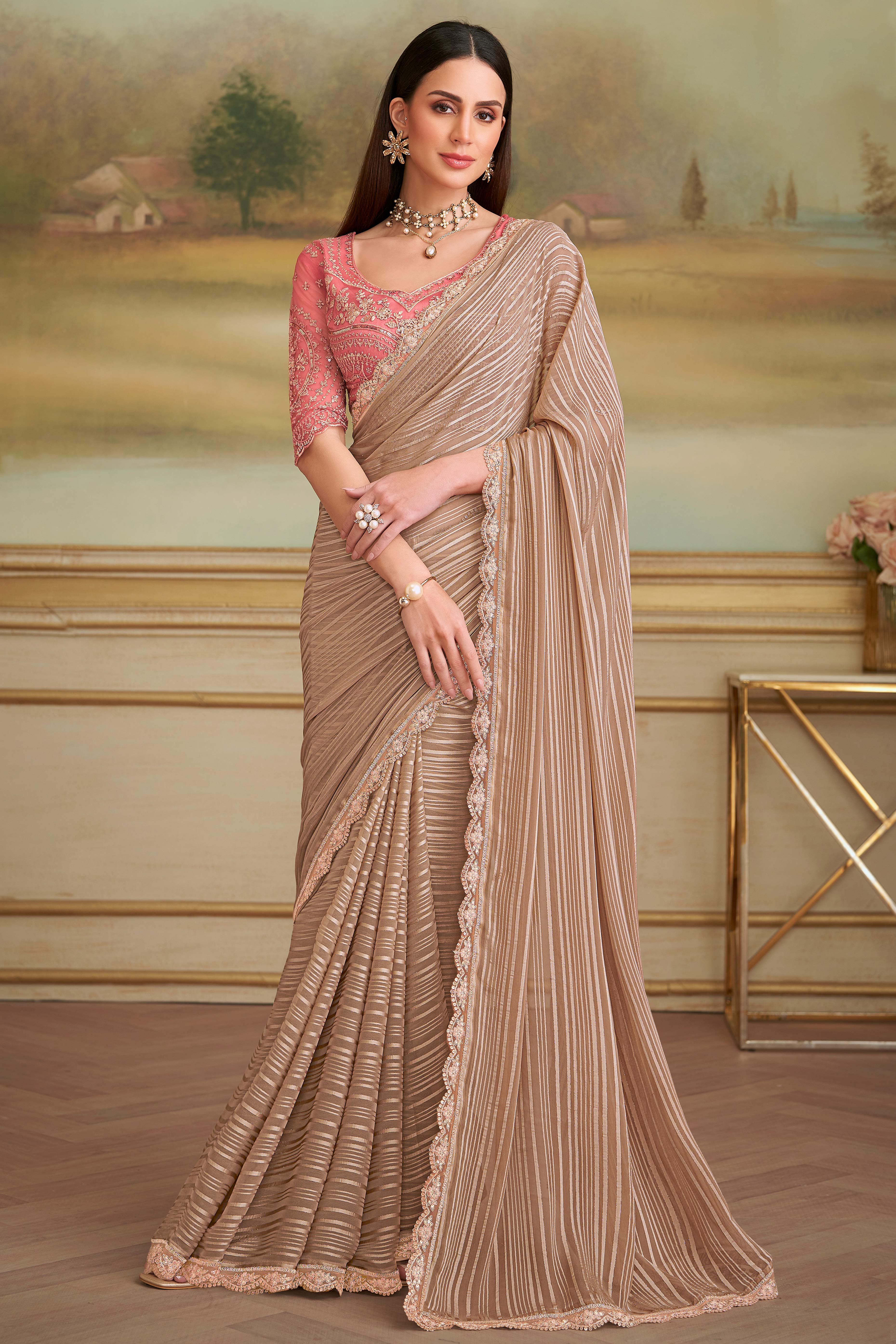 Timeless Chikoo Satin Stripe Pattern Georgette Saree With Floral Sequins Embroidery Lace Border
