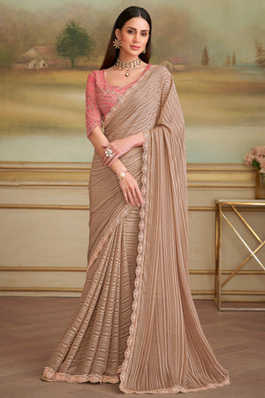 Timeless Chikoo Satin Stripe Pattern Georgette Saree With Floral Sequins Embroidery Lace Border