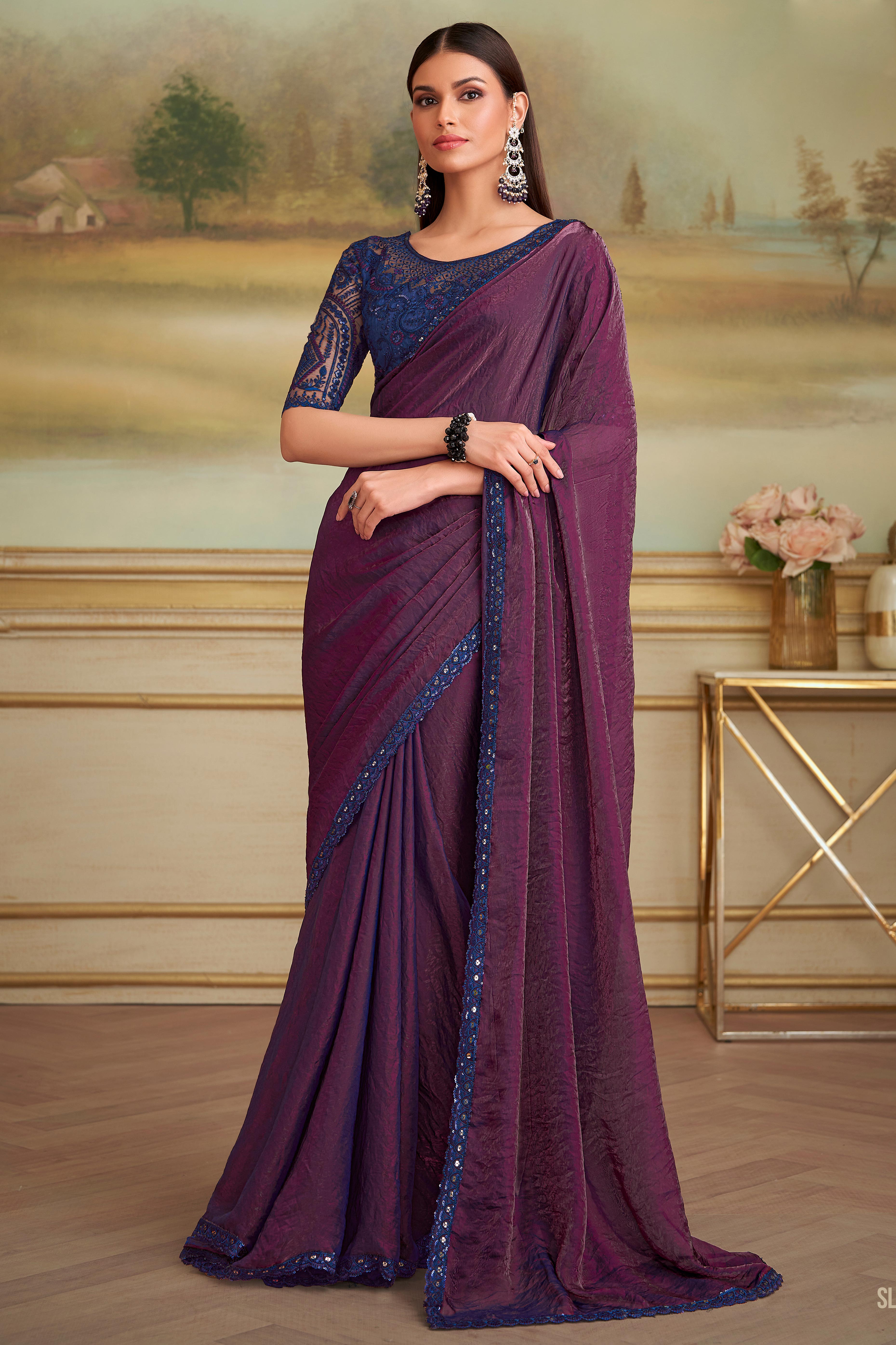 Opulent Wine Shade Twilight Georgette Saree Adorned With Floral Sequins Embroidered Lace Border