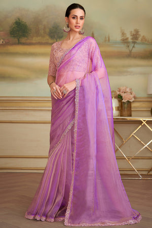 Lustrous Light Magenta Solid Tissue Silk Saree Showcasing Sequins Embroidered & Stylish Lace Border
