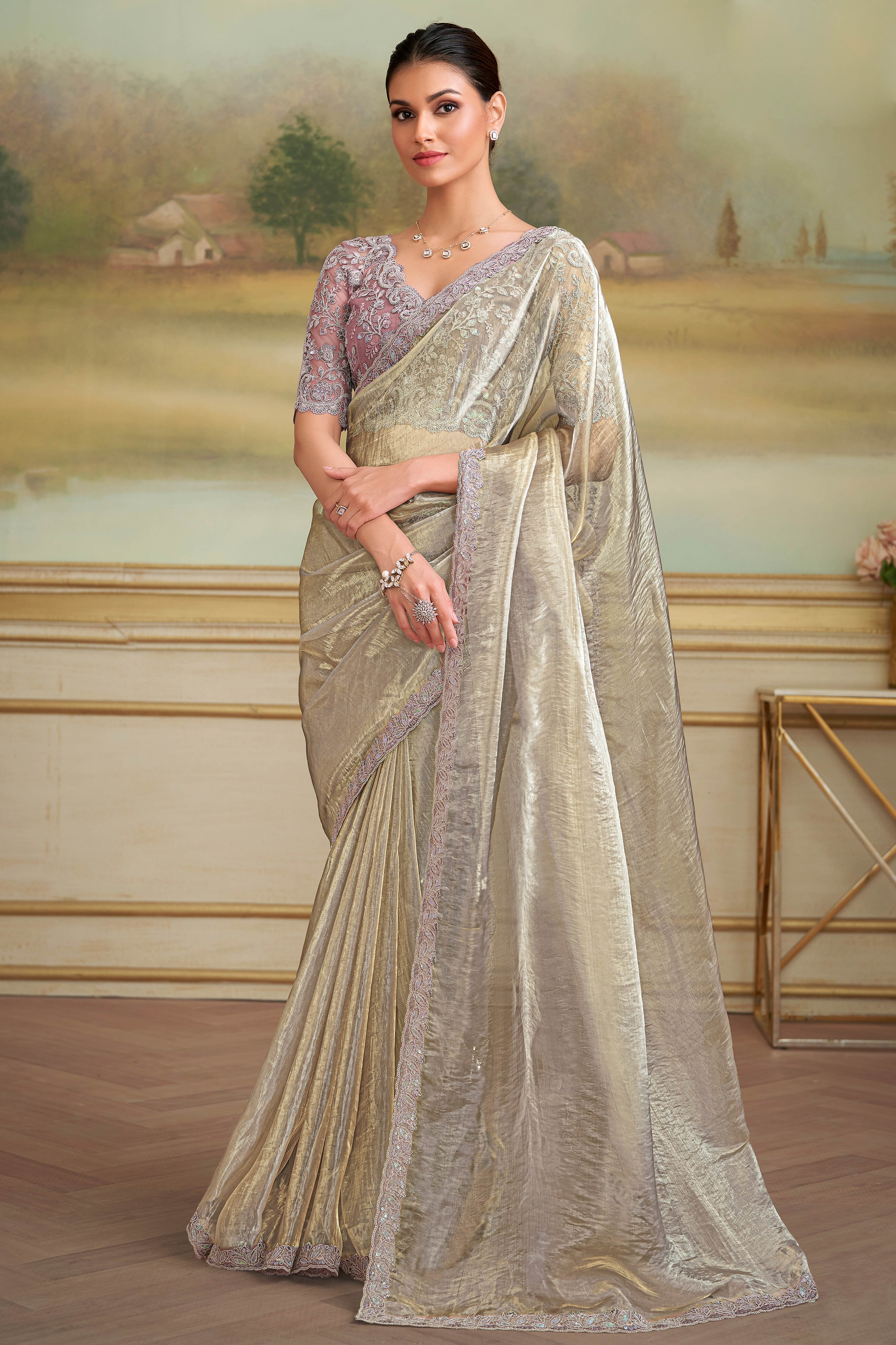 Elegant Beige Tissue Silk Saree Enhanced With Floral Sequins Embroidered Lace Border