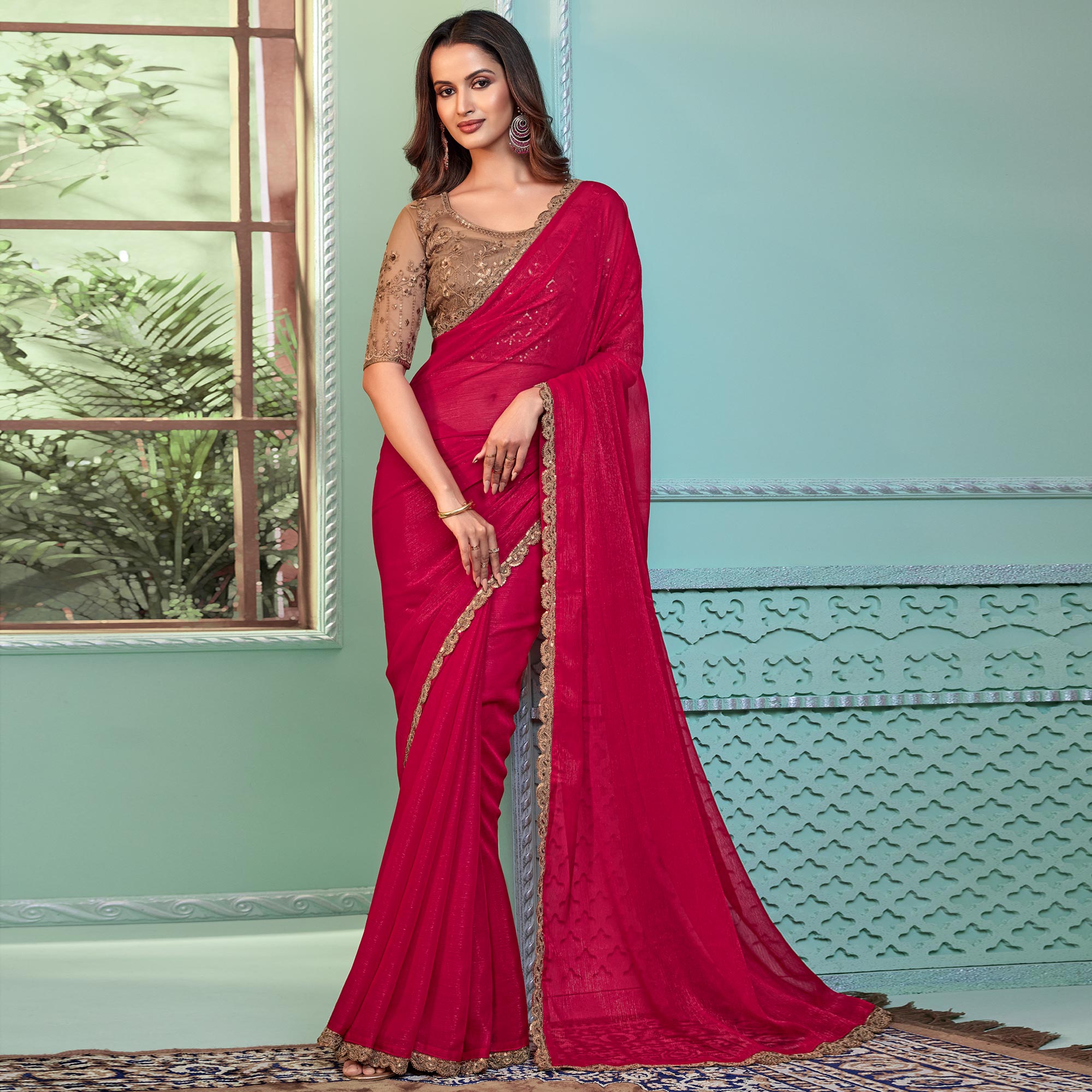 Rose Pink Embroidered Georgette Designer Saree