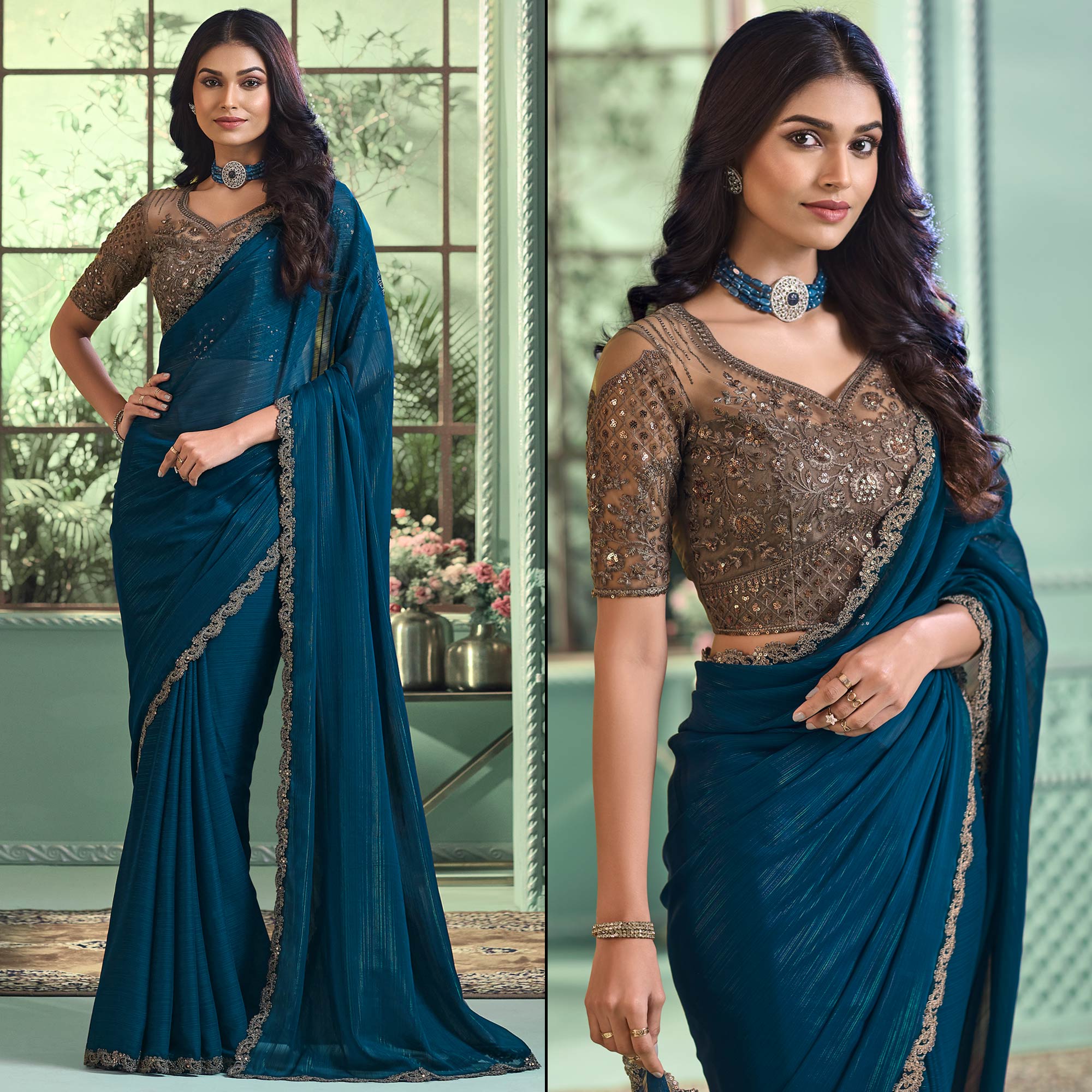 Teal Embroidered Georgette Designer Saree