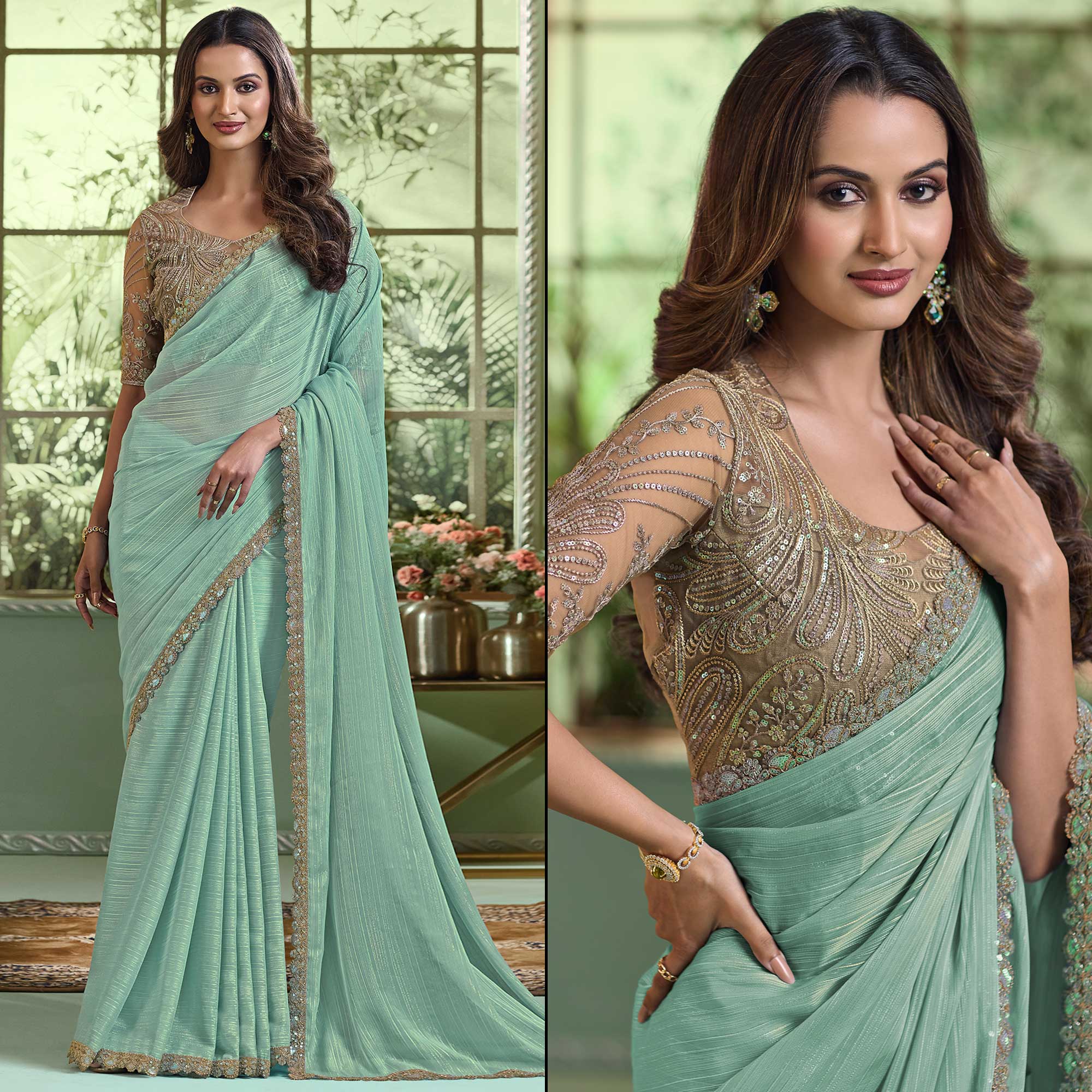 Sea Green Embroidered Chiffon Designer Saree