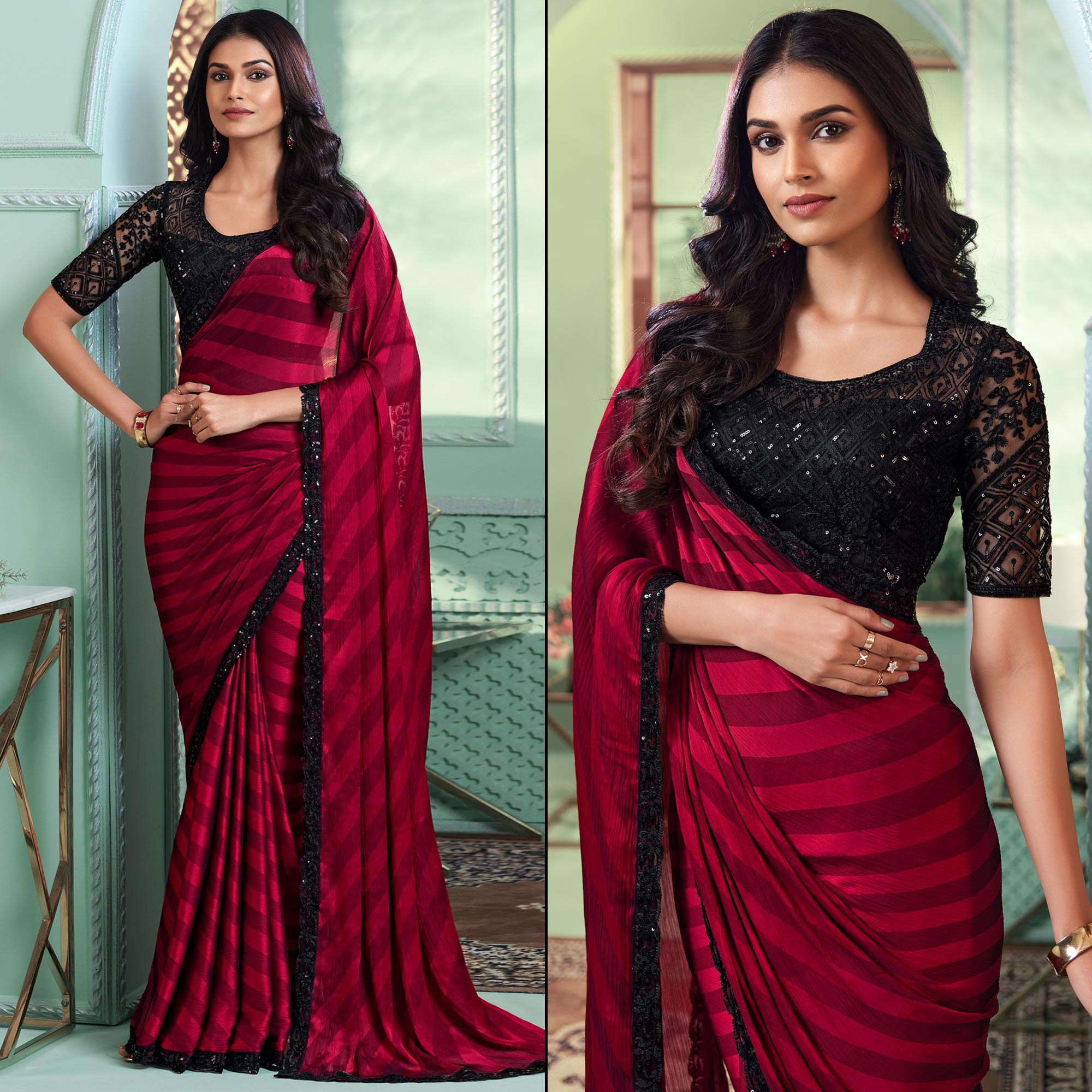 Magenta Embroidered Satin Designer Saree