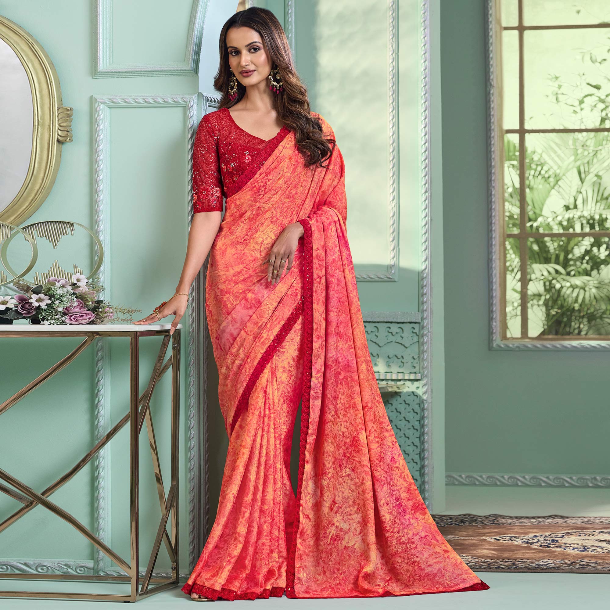 Peach Embroidered Chiffon Designer Saree